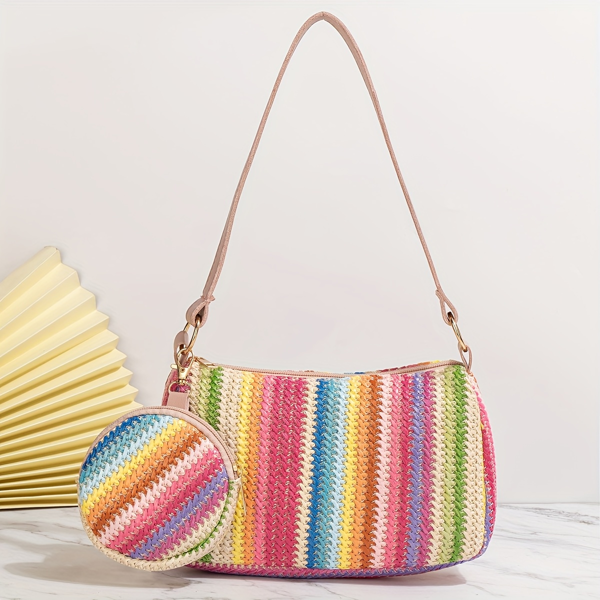 Rainbow Striped Woven Bag For Women, 2025 New Summer Beach Vacation Bag, Versatile Straw Shoulder And Underarm Bag
