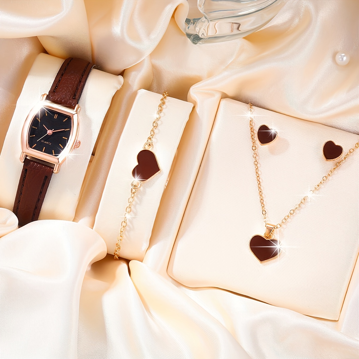 Ladies Watch 5pcs/Set Women Brown PU Strap Casual Quartz Watch And Heart Necklace Earings Bracelet Jewelry Set, New Year's Day, Valentine's Day,The Best Gift for A Lady