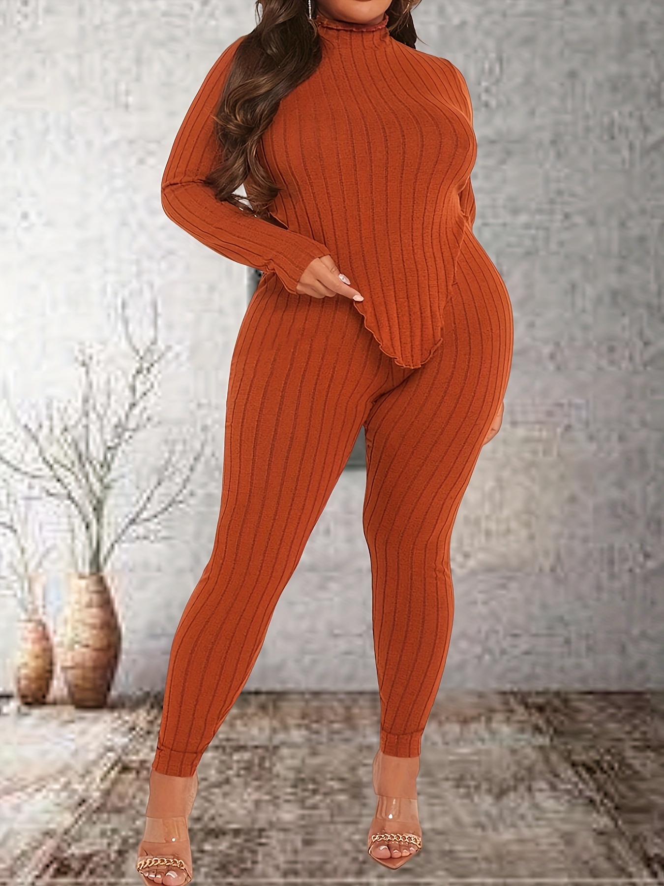 Plus Size Rib Knit Solid Long Sleeve Hoodie Tops & Leggings Set; Women's  Plus High Stretch Casual 2pcs Set Co-ords