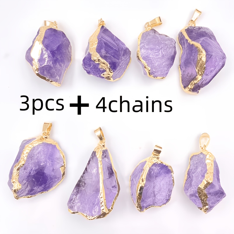 TEMU 7pcs Set, Mixed Batch, Bohemian Style, Natural Stone Purple Amethyst, Three-sided, 3 Pendants + 4 Chains. Beautiful Purple Amethyst Is A For