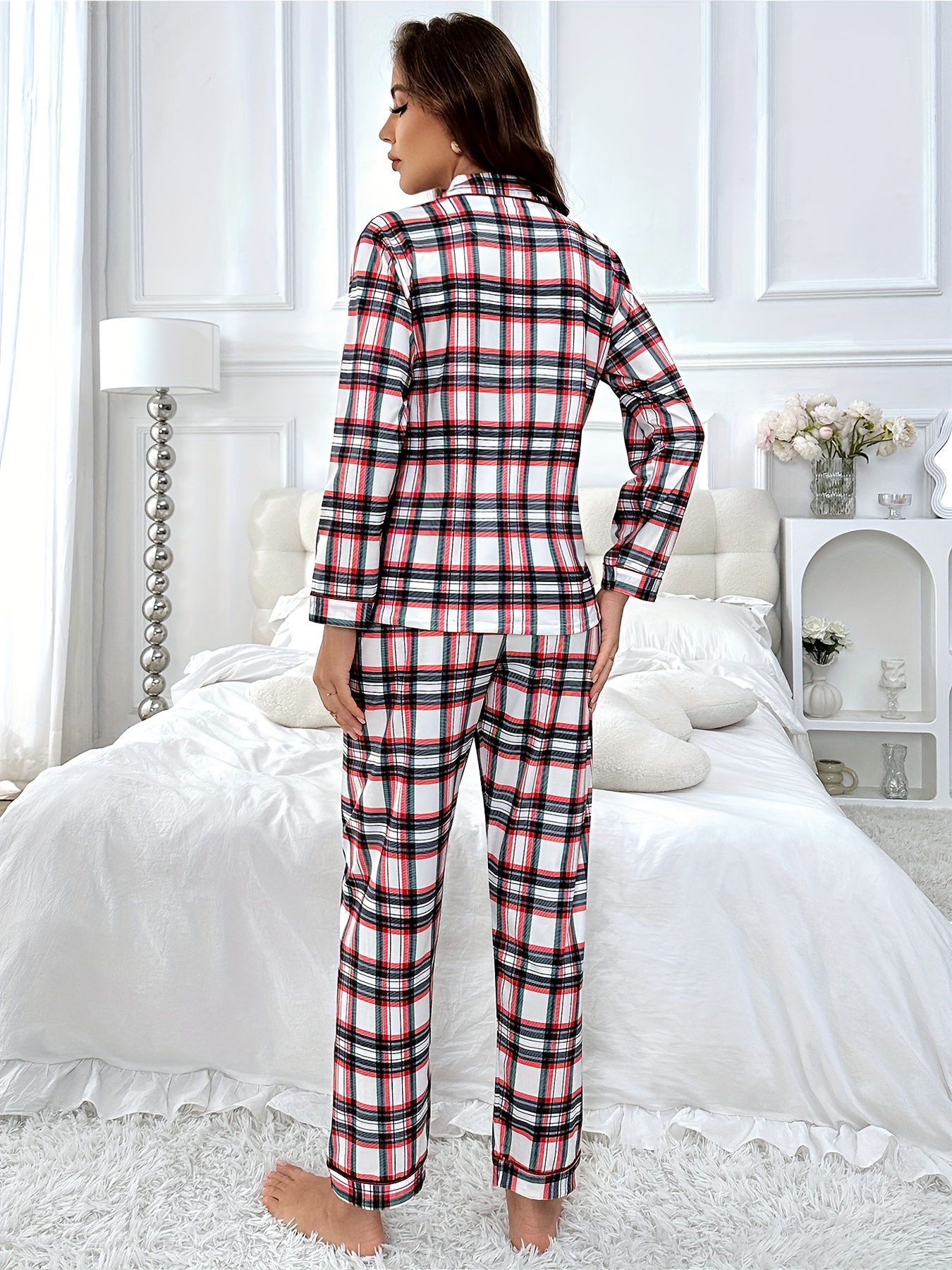   print pajama set long sleeve buttons top elastic waistband pants womens sleepwear loungewear Product details 1
