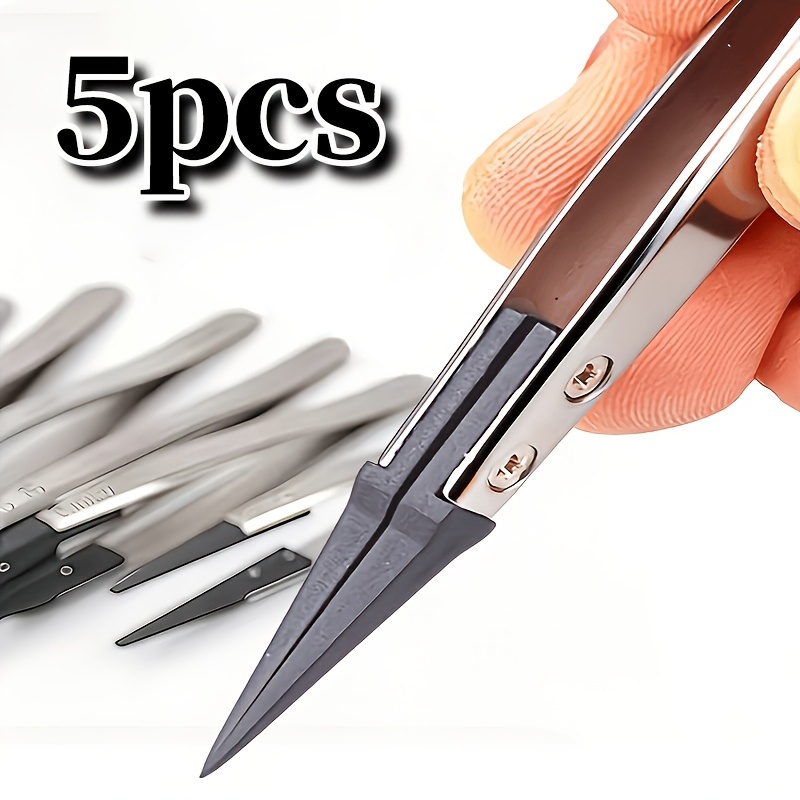 TEMU 5pcs Esd 259a Precision Anti-static Carbon Fiber Tweezers, Made Of Stainless Steel, Suitable For Crafts, Jewelry, Electronic Products, And Other