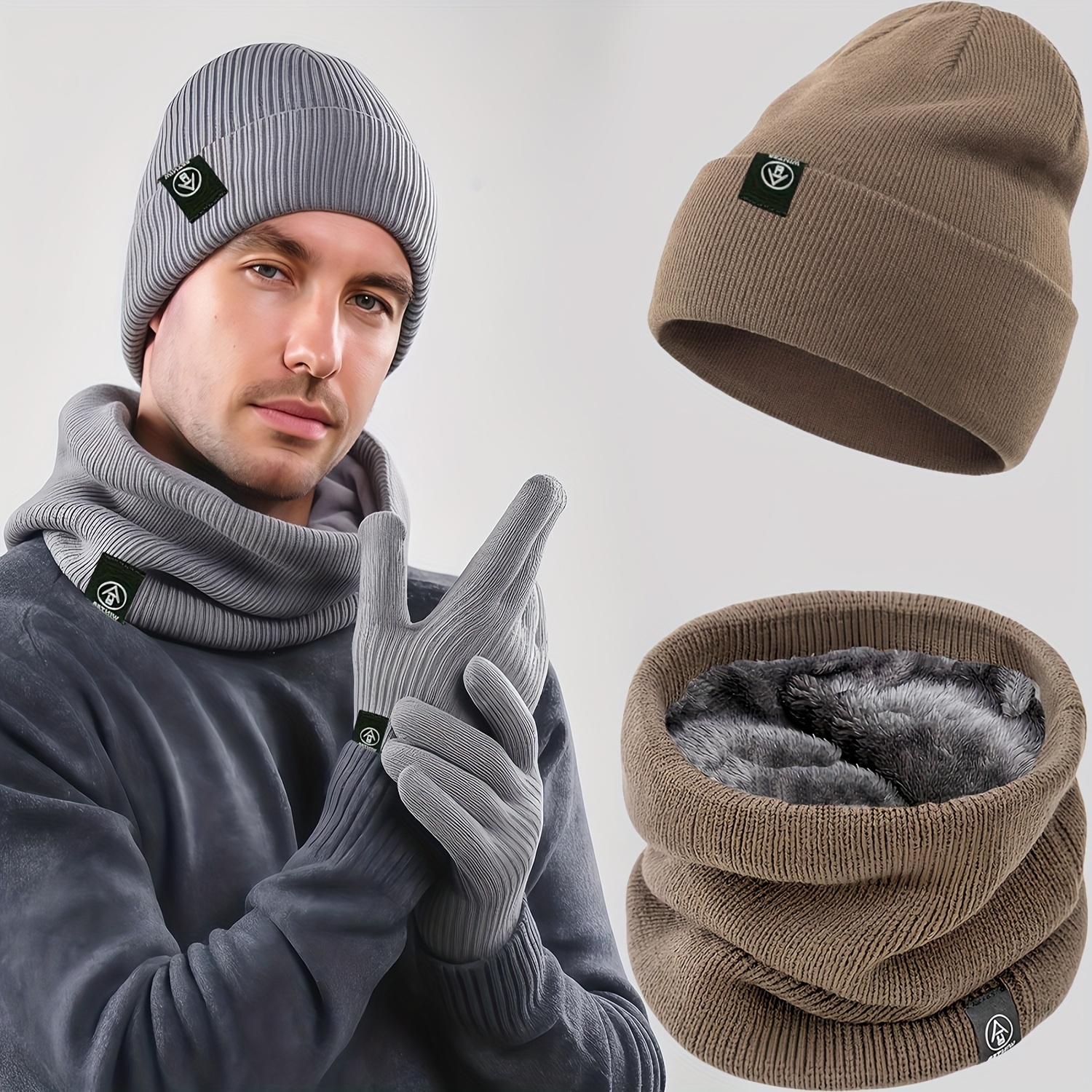 2 moških kape in šala, zimska kapa, pleten šal za mrzlo vreme, dvoslojna izolacija, UNISEX, žametno podložen šal, zimska pletena kapa, šalov za