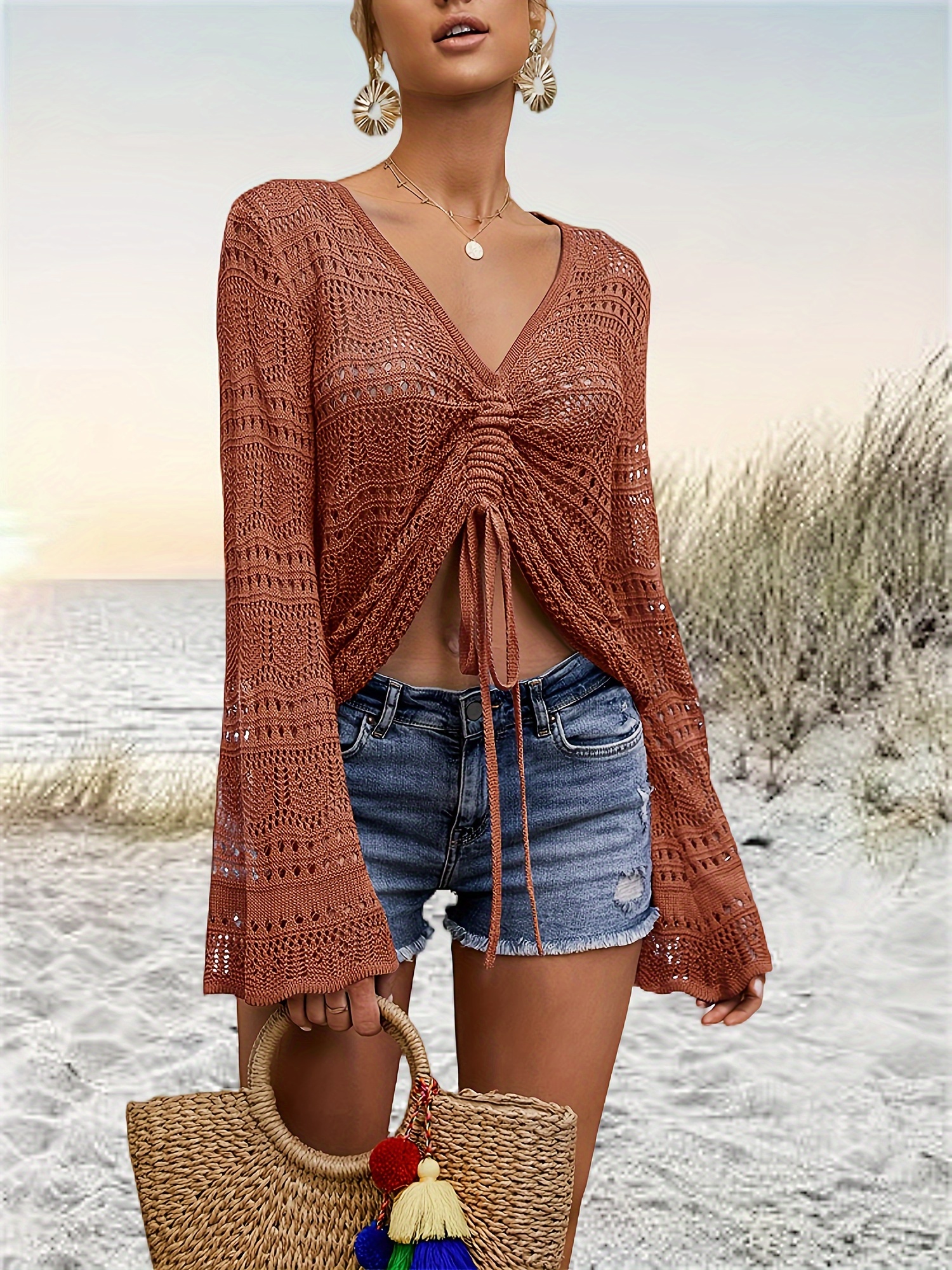 womens boho shoulder sheer crop tops bell sleeve flowy - Temu