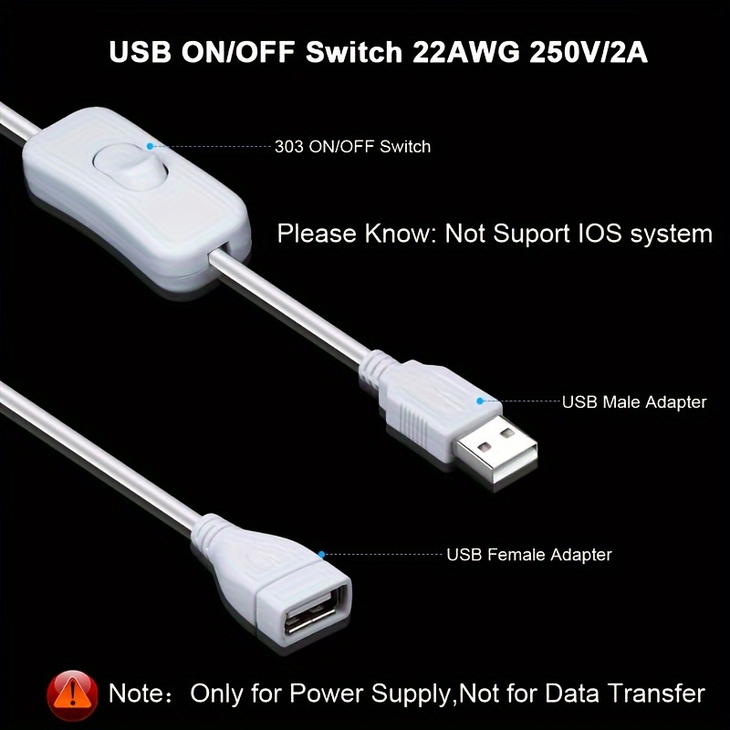 VVIA 2-Pack USB Extension Cable with On/Off Switch, PVC Plastic Round Shape, Male to Female Connector, USB Powered with Operating Voltage ≤36V for Driving Recorder, LED Desk Lamp, USB Fan, LED Strip
