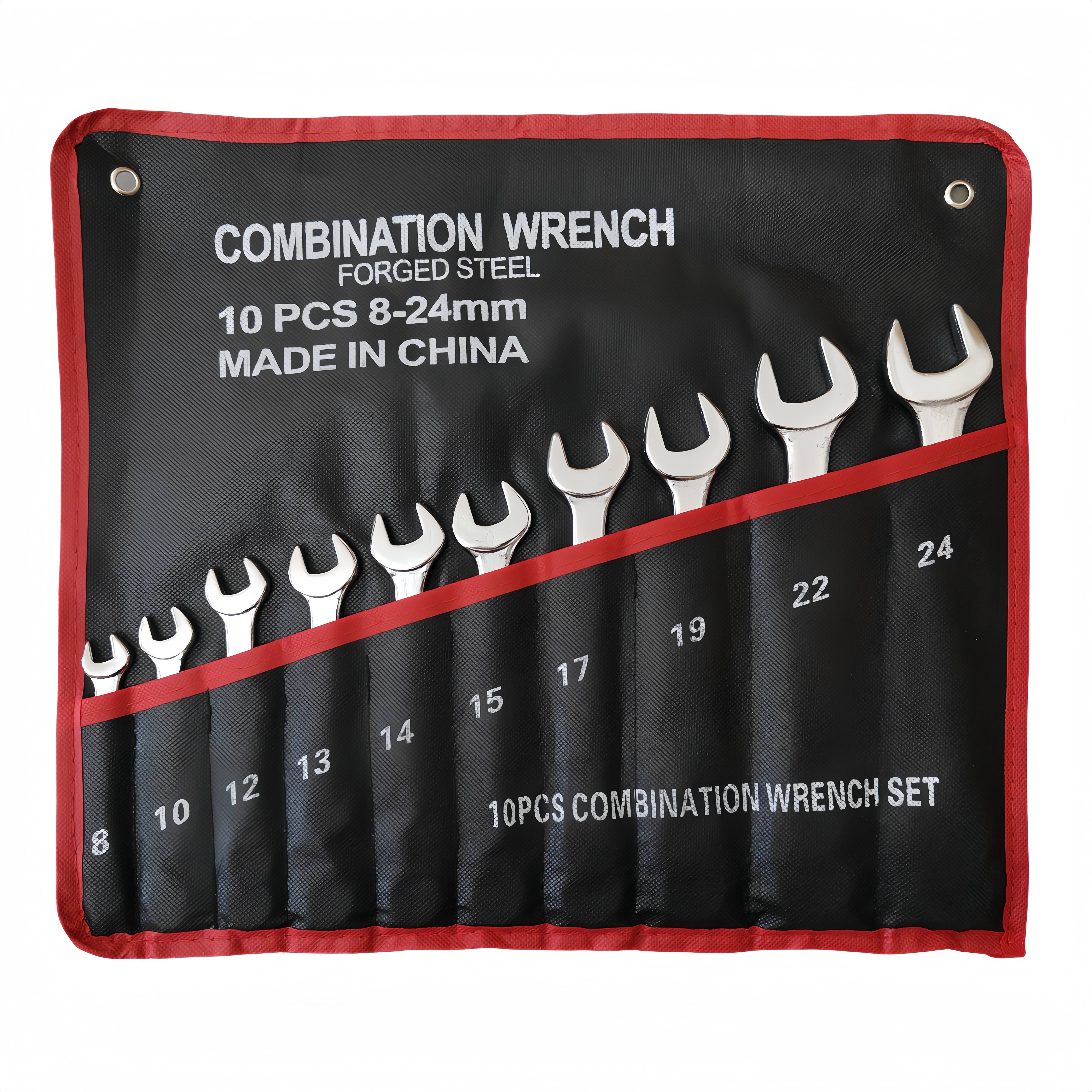 

1 Set Of 10 Combination Wrench Sets, Double-open And Ring Wrenches, Universal Hardware Tools In Thickened Canvas Roll Bag, Wall Hanging Hole, Metal