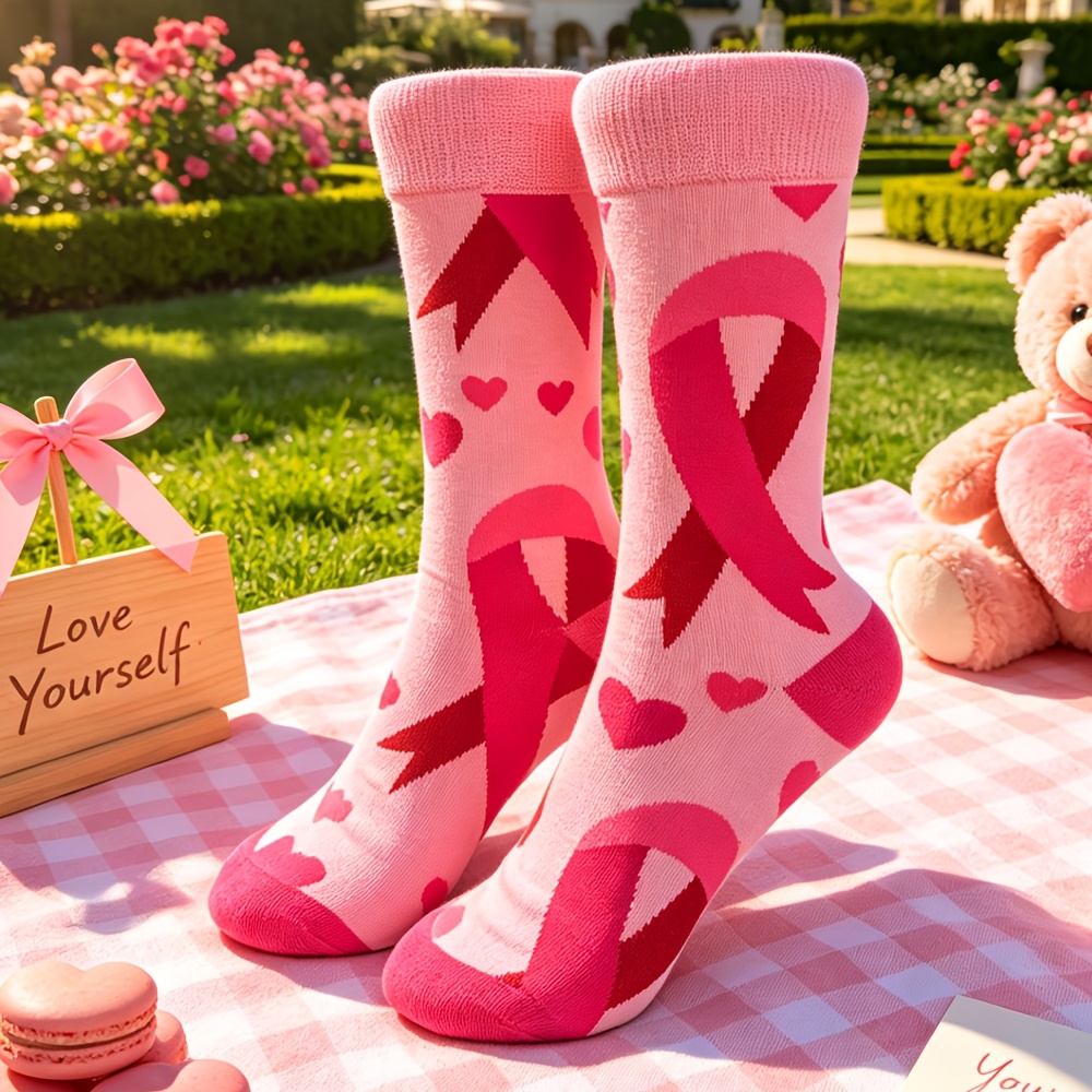 TEMU 1-pair Ribbon Socks With Heart & Ribbon - Soft Comfortable Suitable For Valentine' Day Gifts, Casual Attire,, Office, Parties - Hand Washable