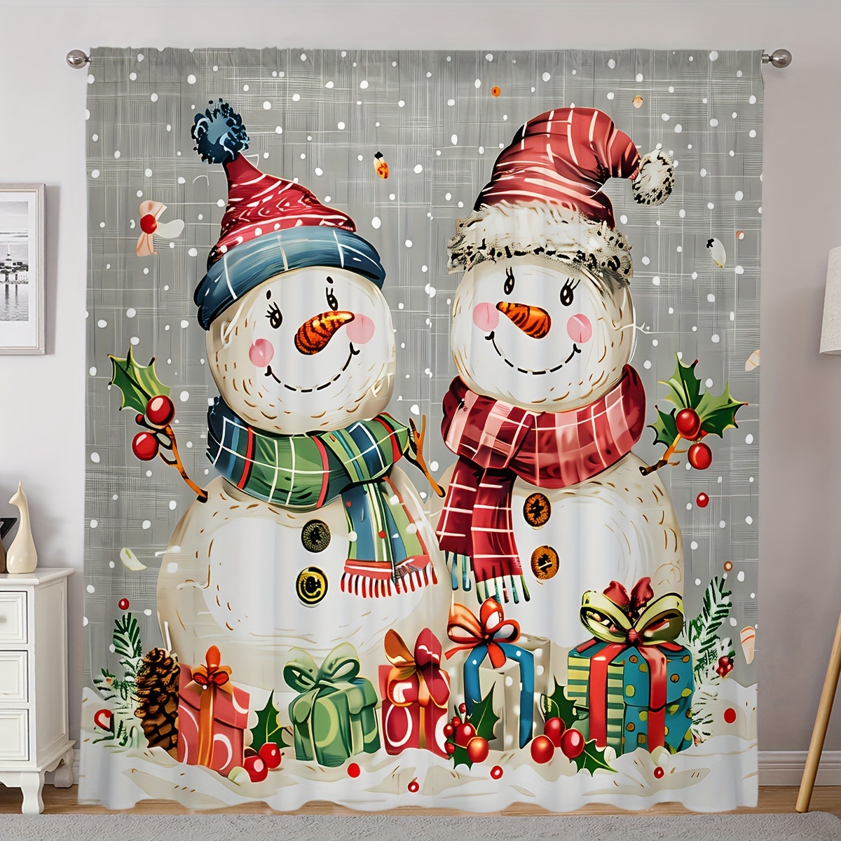 

Christmas Printed Curtain Panels - 2pcs, Polyester , - Hookless Rod Drapes, , For , , Study, Dining &