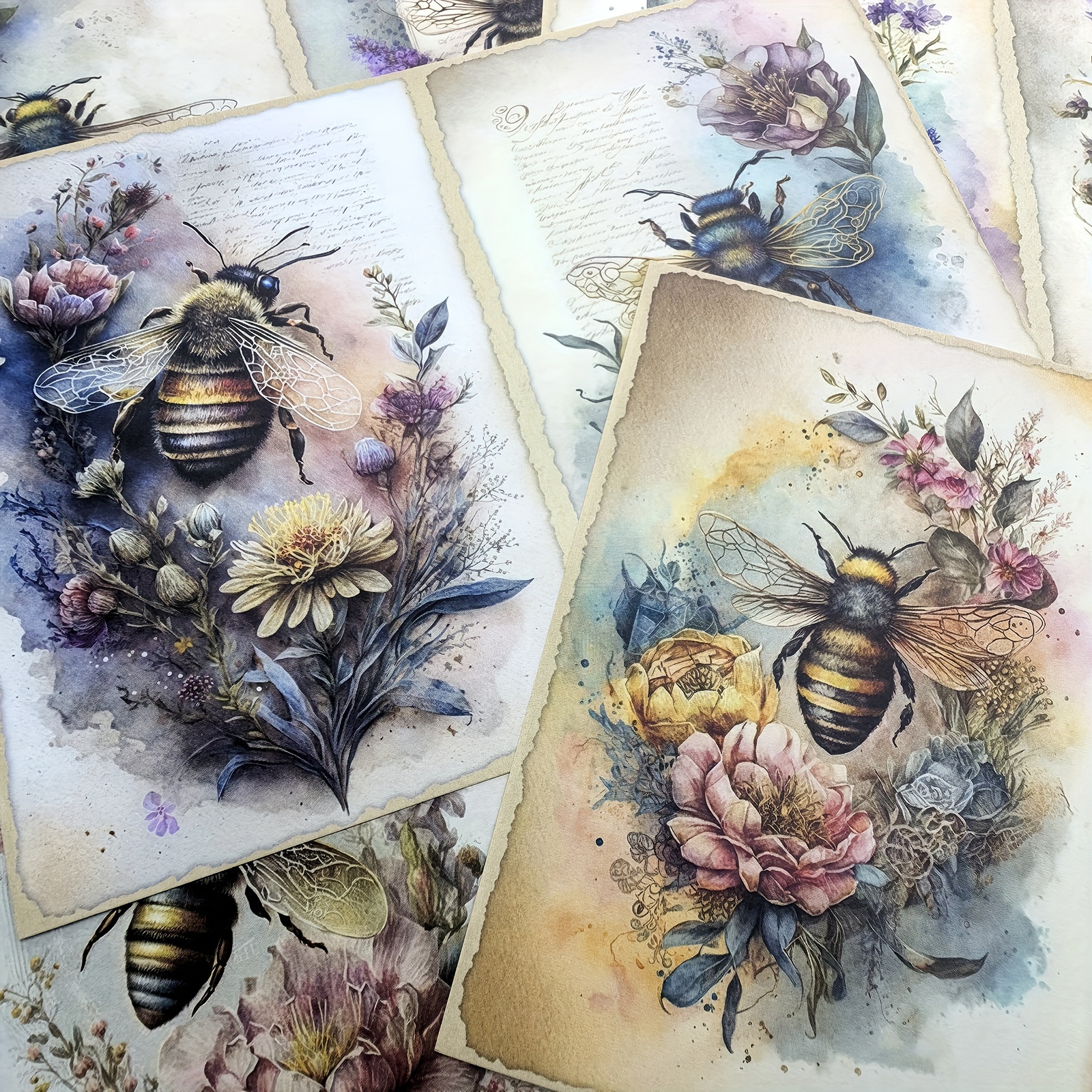 

Vigus 10 Watercolor Bee Illustrations On Garbage Journal Magazines - A5 Handcrafted Papers For Office Supplies