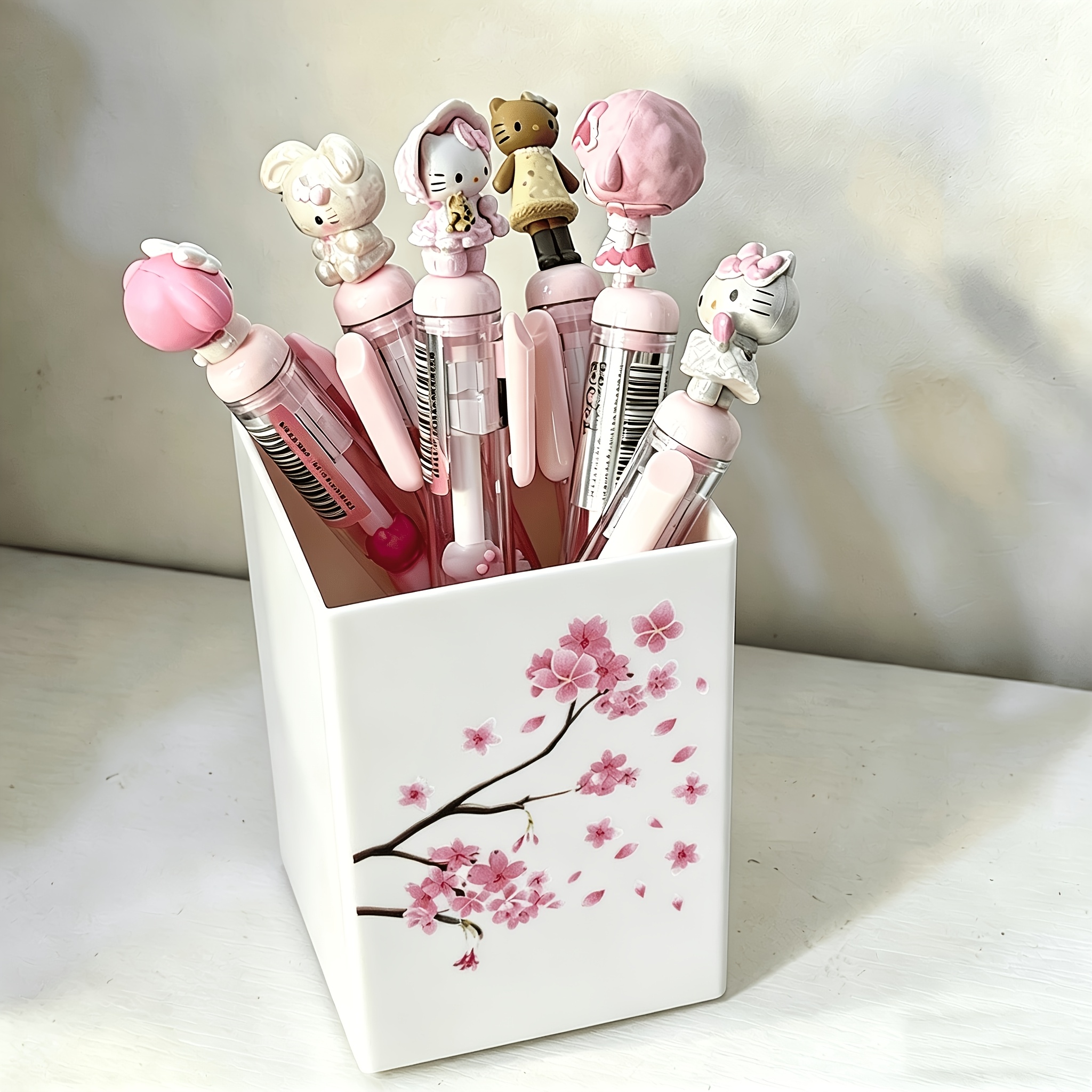 Watercolor Style Cherry Branch Pattern Square Pen Holder, Plastic Desktop Storage Box, Cute Office, Study, And Vanity Accessory, Perfect For Storing Pens And Makeup Brushes