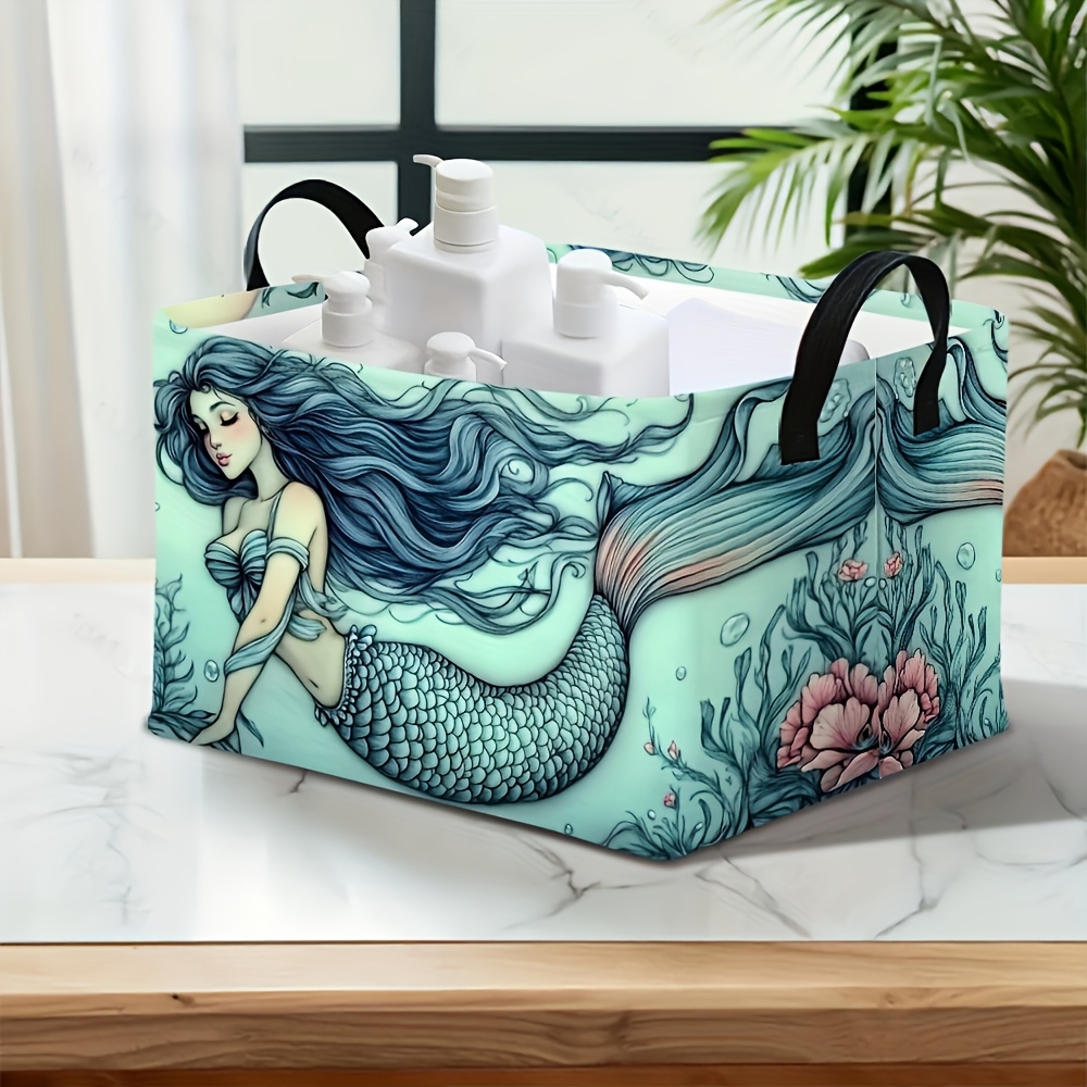 TEMU 1pc Mermaid-themed Foldable Storage Basket With Handle - Sturdy Canvas Collapsible Suitable For Laundry,, Clothes, Shelves,, Room, Space-saving