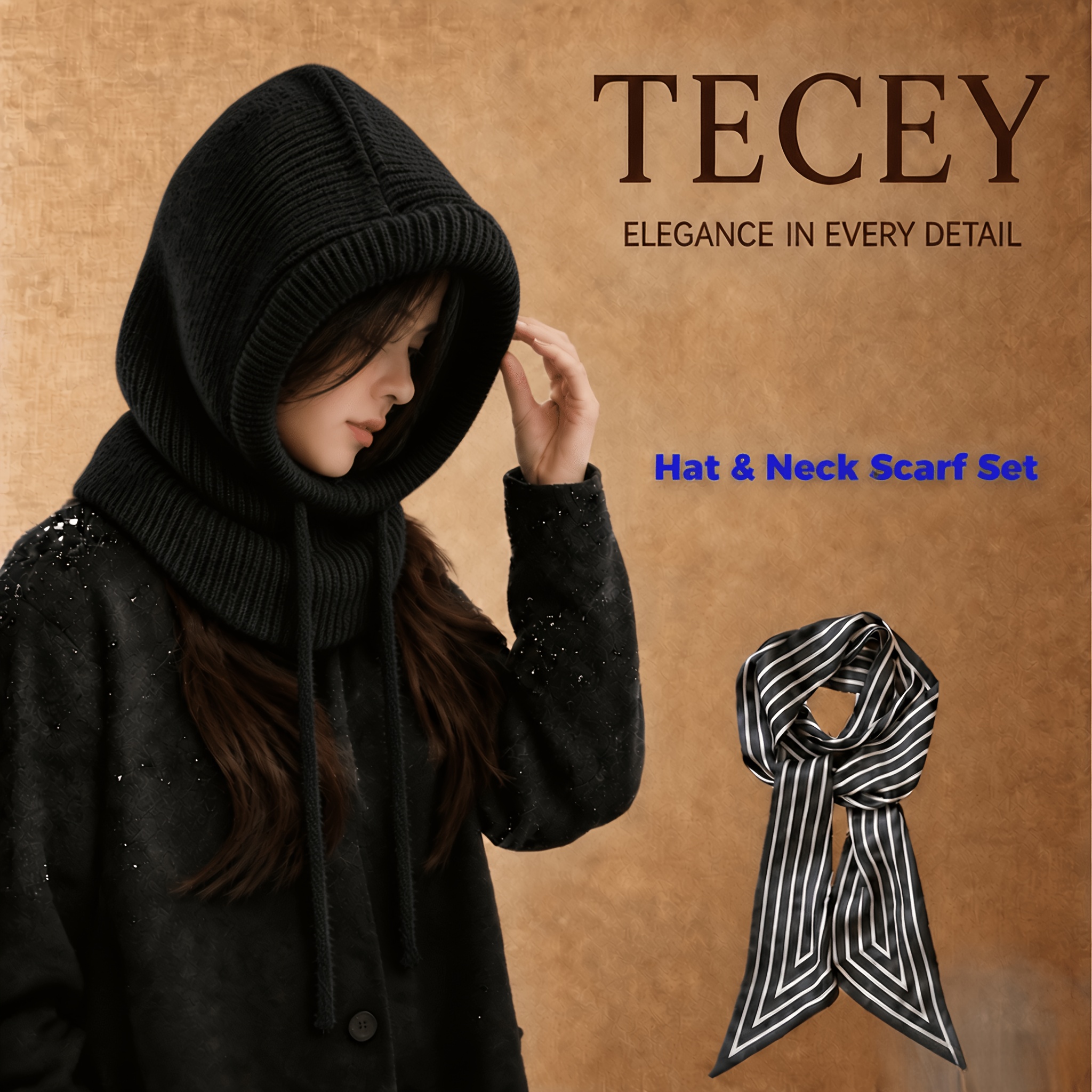 TEMU 2pcs = 1pc Échauffe-cou avec Capuche et 1pc Écharpe à Carreaux . Marque: TECEY. Bonnet Unisexe , Bonnet Pull Chaud pour et l'Hiver; Inclut une