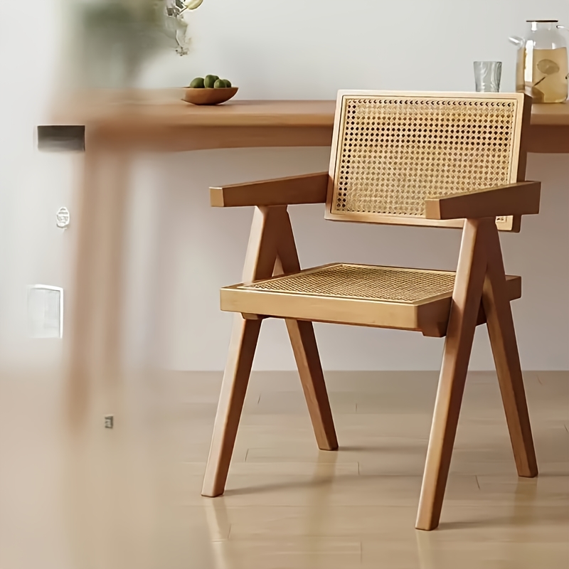 1 Silla de Comedor de Madera Maciza, Estilo Hiroshima para Cafetería o Restaurante: Silla Minimalista con Respaldo Chino, Tejido de Ratán Galvanizado, Decoración Wabi-Sabi para Hogar u Oficina