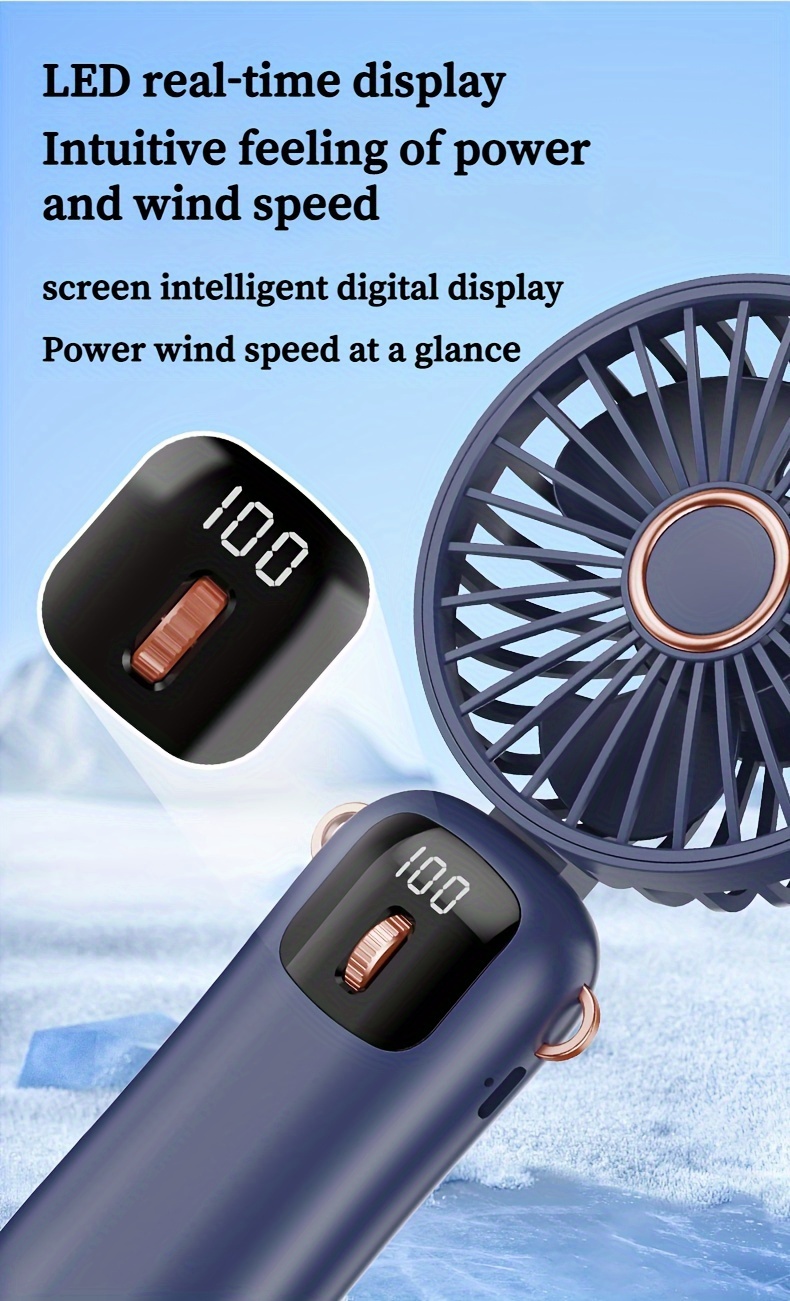 portable led display handheld fan with phone holder   speed adjustable foldable design 90 wind angle usb rechargeable 1200mah lithium battery indoor outdoor use with cord plastic material details 0