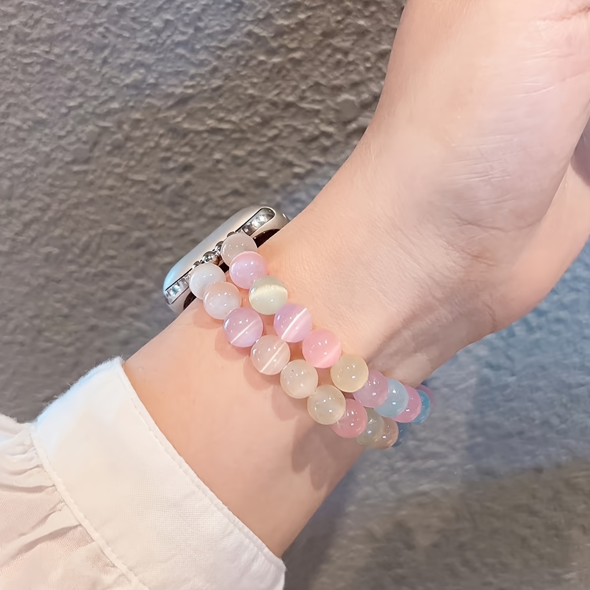 Image of Macaron Cute Beaded Bohemian Style Bracelet Compatible With For Strap 40mm/38mm/41mm Series 6/5/4 Women's Fashion Cute Handmade Beaded Elastic Strap For Iwatch Strap /2/1 Women's Replacement For Strap