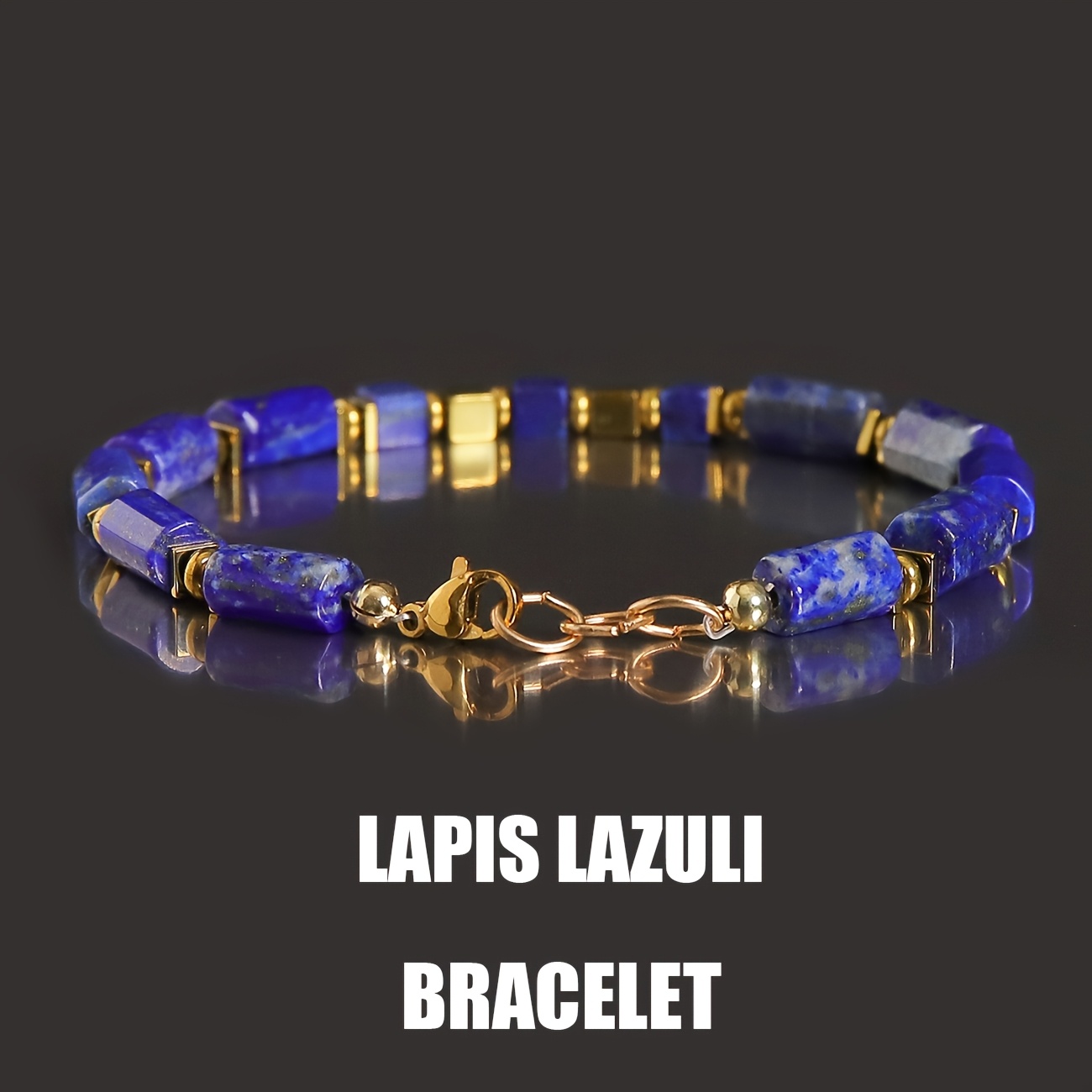 Men's Lapis Lazuli Hexagonal Cylindrical Bracelet with Golden Squares