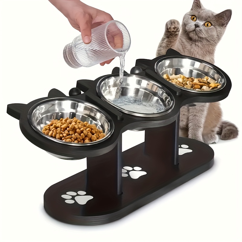 TEMU 15° Tilted Stainless Steel Elevated Cat Bowl, Adjustable Pet Feeding Stand With 3 Stainless Steel Bowls, Anti-spill Black Wooden Base, Suitable