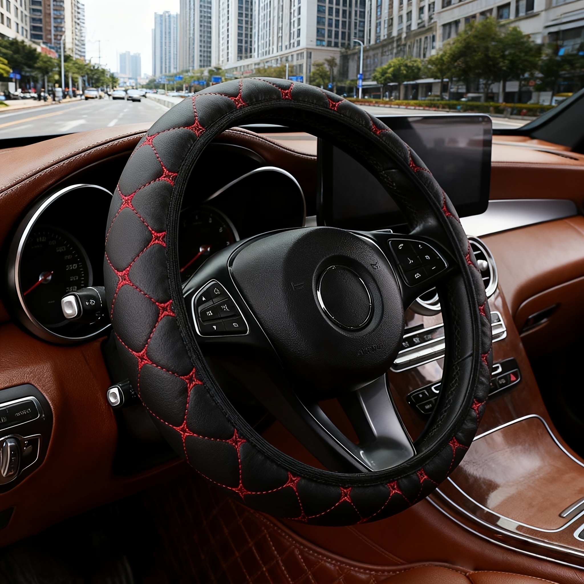 Funda de Volante en Cuero PU, Sin Anillo Interior para Fácil Instalación, Textura Clásica de Estrella de Cuatro Puntas y Rombos, Compatible con Volantes Tipo O y D de 38 cm/15