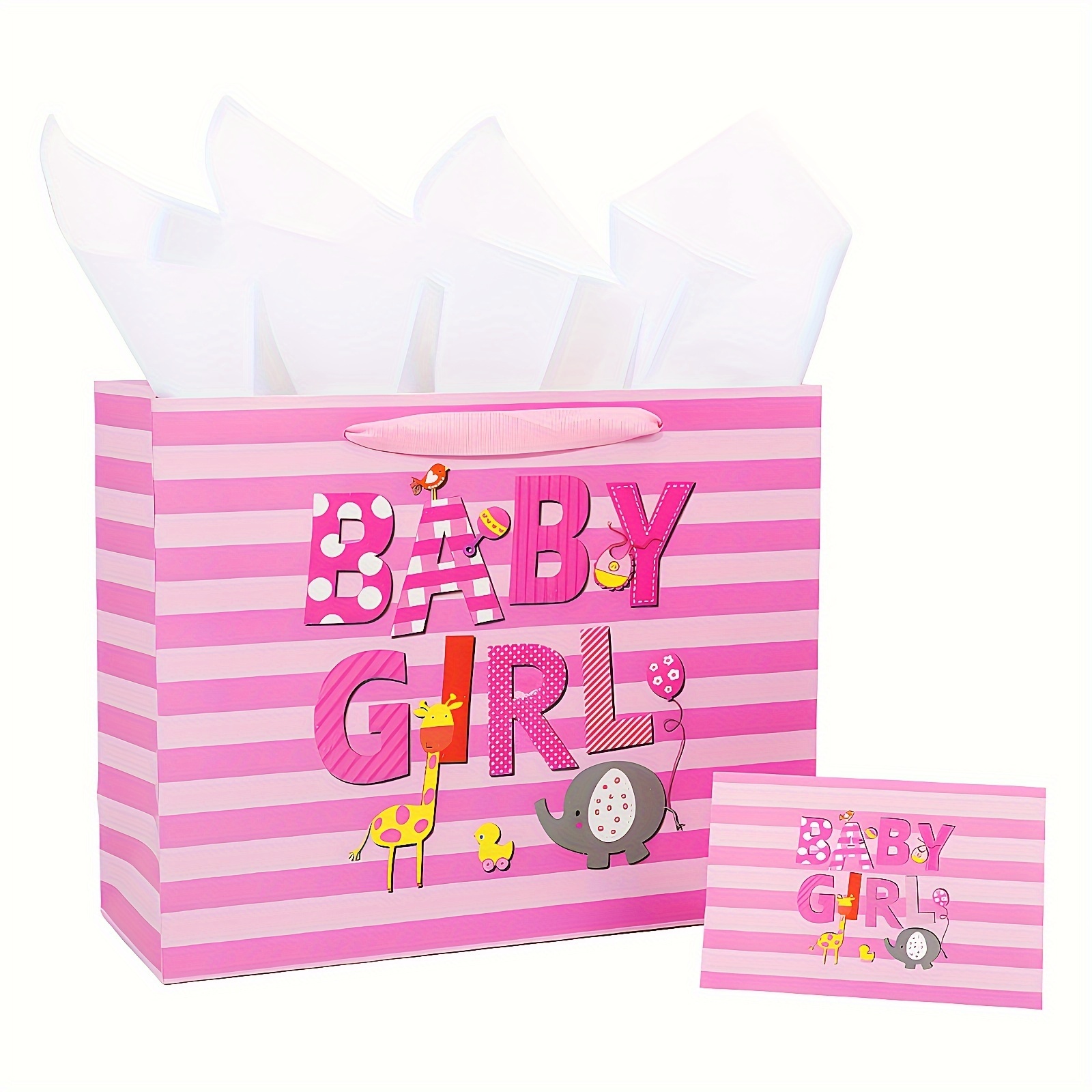 

Baby Party Gift Bag, Baby Bath Gift Bag, Newborn, Baby Girl Birthday Gift Package, 13-inch Large Gift Bag, Cartoon Animal Elephant And Giraffe, With 1 Greeting Card