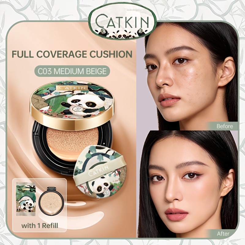 Image of Catkin Panda Land Foundation - Full Coverage Cushion Foundation (with Hyaluronic Acid, Natural Formula), Texture, Long-lasting Wear, Waterproof And Sweatproof, Oil-control, Pore-minimizing
