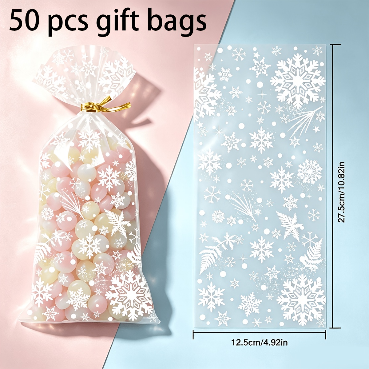 TEMU 50pcs Sacs Cadeaux Transparent de Neige, Sacs Cadeaux Thème de Neige, Sacs d'Emballage Cadeaux en Papier de Soie Plastique, Décoration de Fête