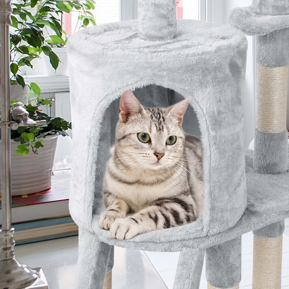 140cm Turn pentru Pisici cu Scară, Turn de Cățărat pentru Pisici, Mobilier de Activitate pentru Animale de Companie, Casă de Joacă, Pat Pufoasă Detașabilă, Gri