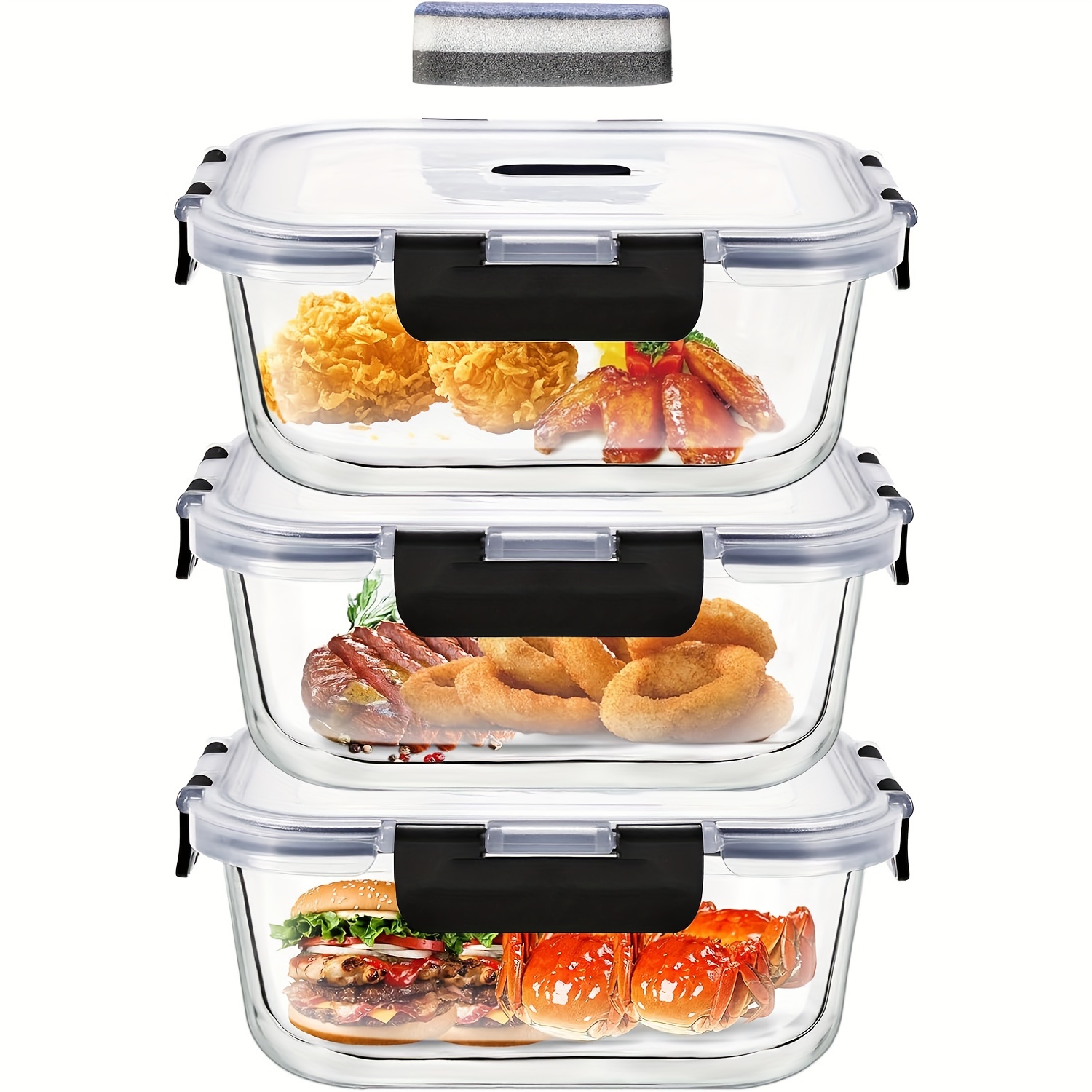 TEMU 3pcs 800ml Glass Food Containers With Glass Meal Prep Containers Airtight Glass Storage Containers Upgraded Snap Glass Containers With Meal Prep