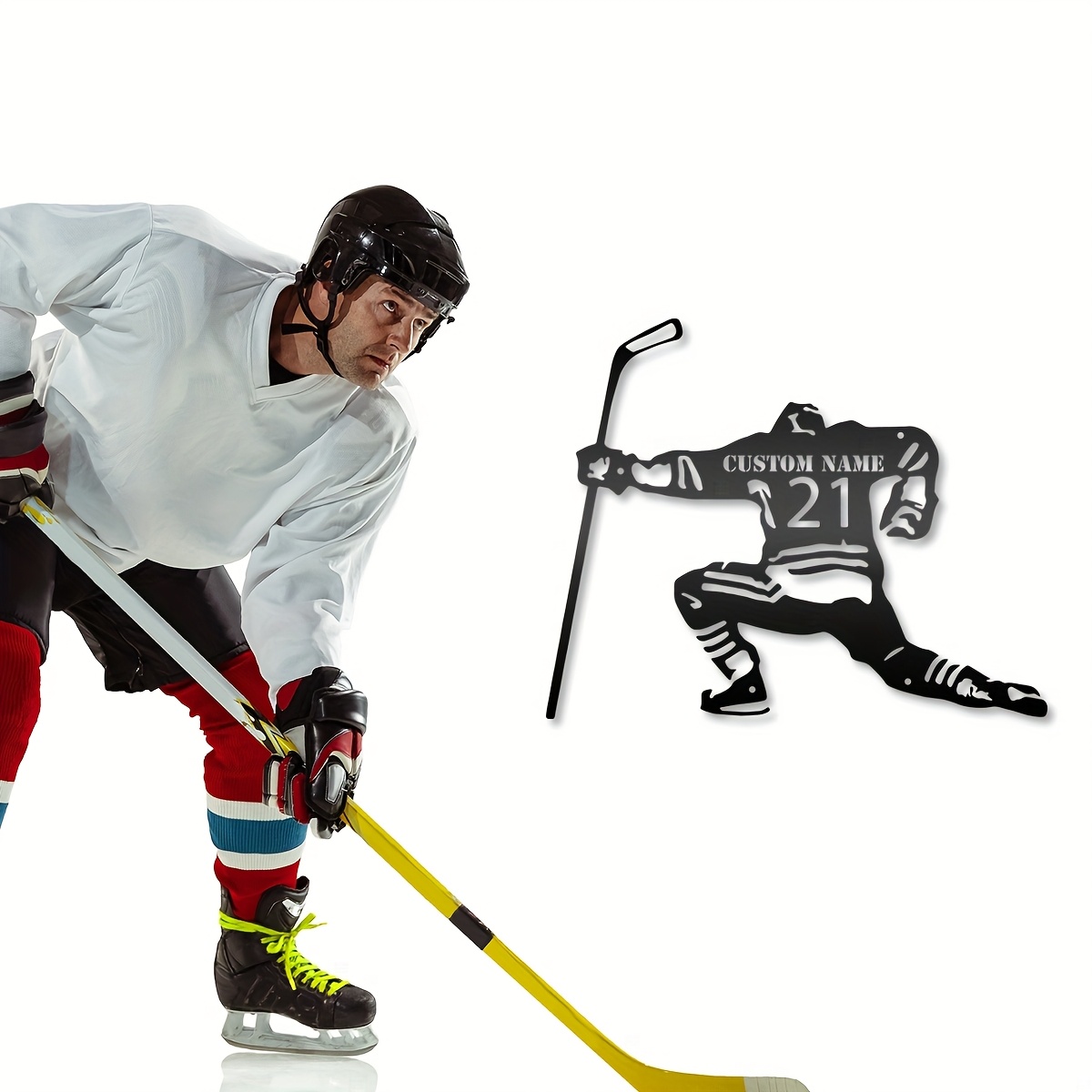 Customized Hockey Metal Wall Art Sign, Personalized Name Iron Decor, Ice Hockey Player Silhouette Display for Sports Memorabilia and Room Decor - Includes No-Trace Dual-Sided Tape, Bohemian Style, Perfect for Diwali