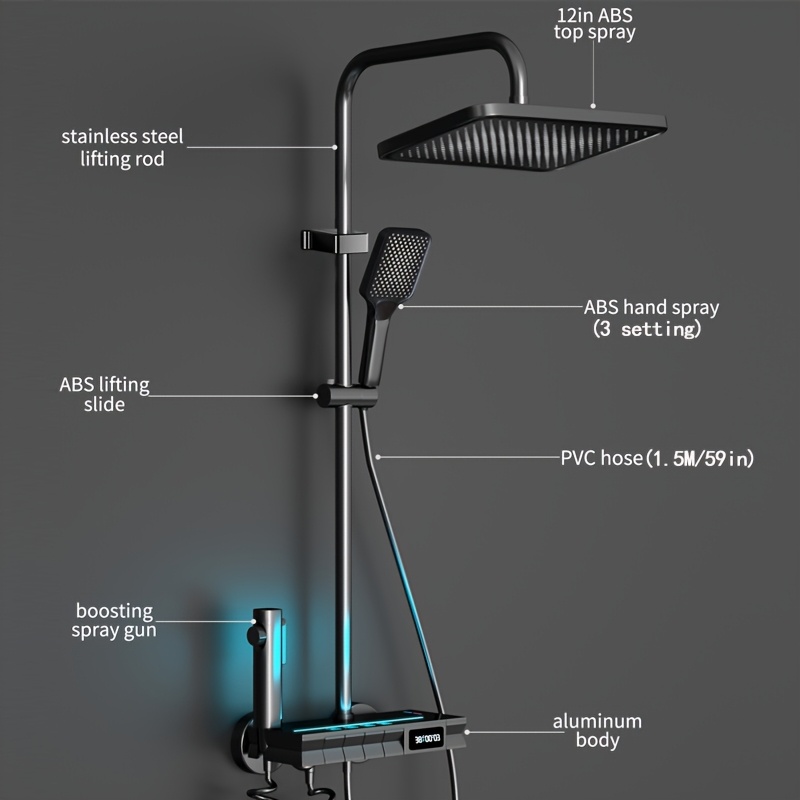 1 rinkinys Prabangus LED dušo komplektas Vonios kambariui Modernus pianino klavišų dušo sistema su 30.48cm lietaus dušo galvute ir rankiniu purkštuku, Sieniniai dušo įrenginiai, Pistoletinės pilkos spalvos dušo komplektai su skaitmeniniu temperatūros rodymu