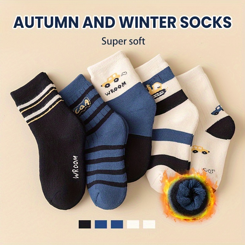 Image of 5 Pairs Of Children's Socks - Looped Fashionable Thick And Warm Padded Fabric Socks, New Arrivals For Autumn And Winter, Mid-calf Socks Suitable For Boys And Girls, Floor Socks For Daily Wear.