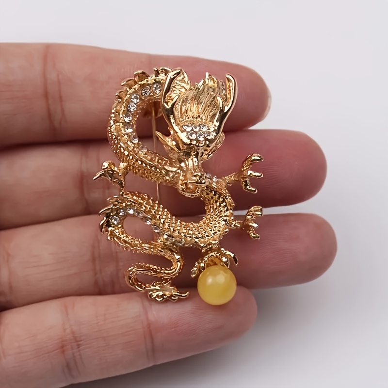 TEMU 1pc Retro Luxury Classic Chinese Wind Dragon Brooch, Inlaid With Shiny Synthetic Zirconia Decorative Embellishments, Suits And Dresses, Ideal