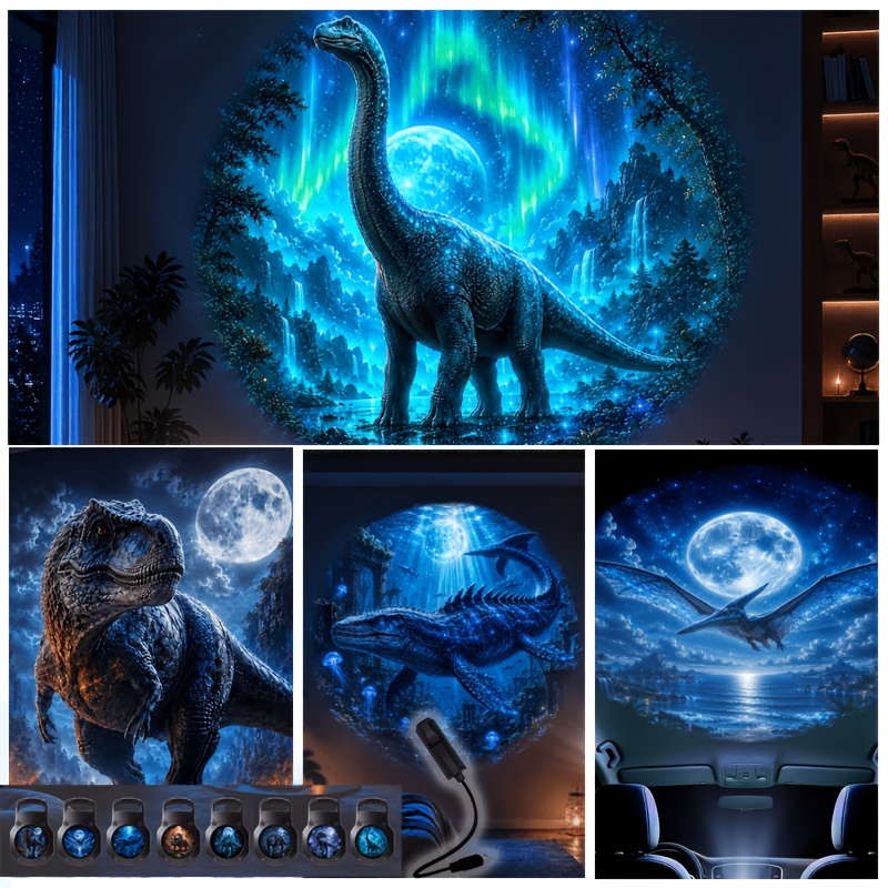 TEMU 8 Dinosaur-themed Patterns + 1 Portable Projector Light, Featuring Rex, Green Dragon, , Triceratops, , And Other Designs. Usb-powered With 360°