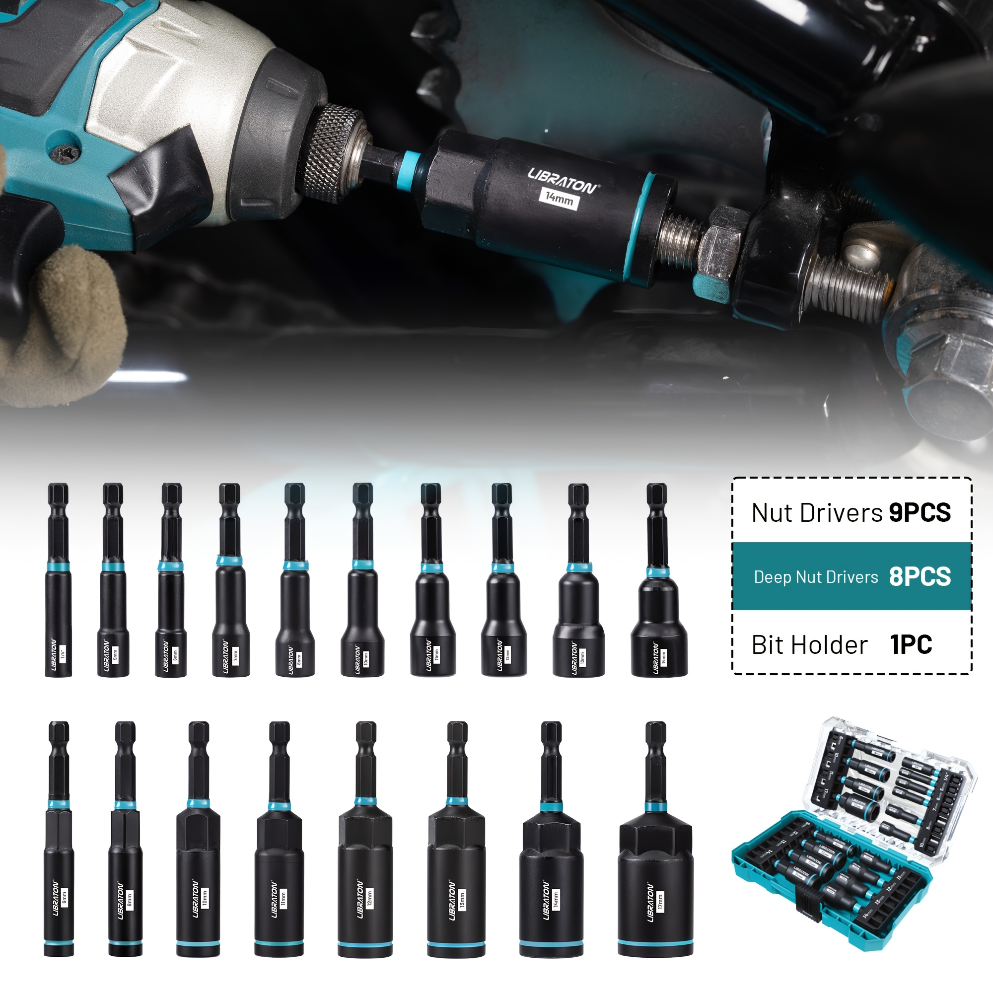 Image of Set Of 18 Magnetic Nut Drivers Drills, Featuring Deep Nut Drivers Ranging From 5-14mm And 6-17mm, Made Of Steel With A Hex Shank, Suitable For Car Repairs, Projects, And Professional Applications