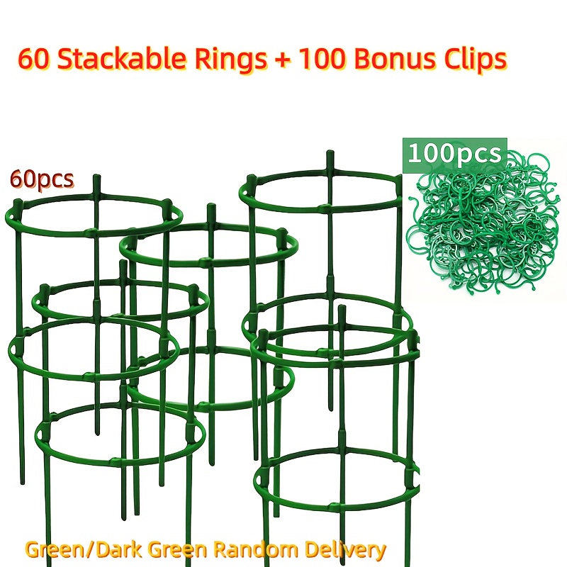 E-shop 160-teiliges Pflanzenstütz-Set – 60 stapelbare Pflanzenringe & 100 Gartenclips für Tomaten, Rankpflanzen, Pfingstrosen | Wiederverwendbare