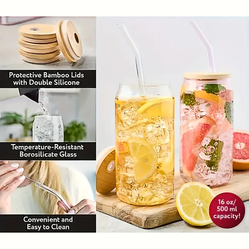 4pcs glass cups with lid and straw and styles milk tea cup drink cup iced coffee cup glass coffee cup with bamboo lid Product details 4
