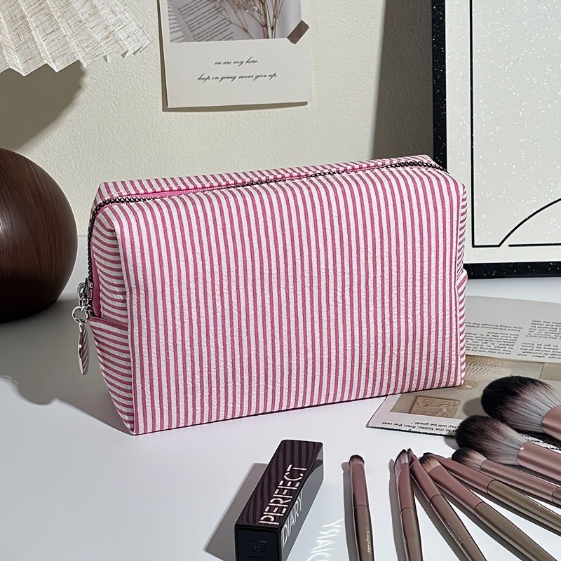 TEMU [custom Name/text/] Striped Travel Toiletry Bag, Zippered Makeup Bag, Portable Polyester Cosmetic Organizer, Suitable For Travel, School,