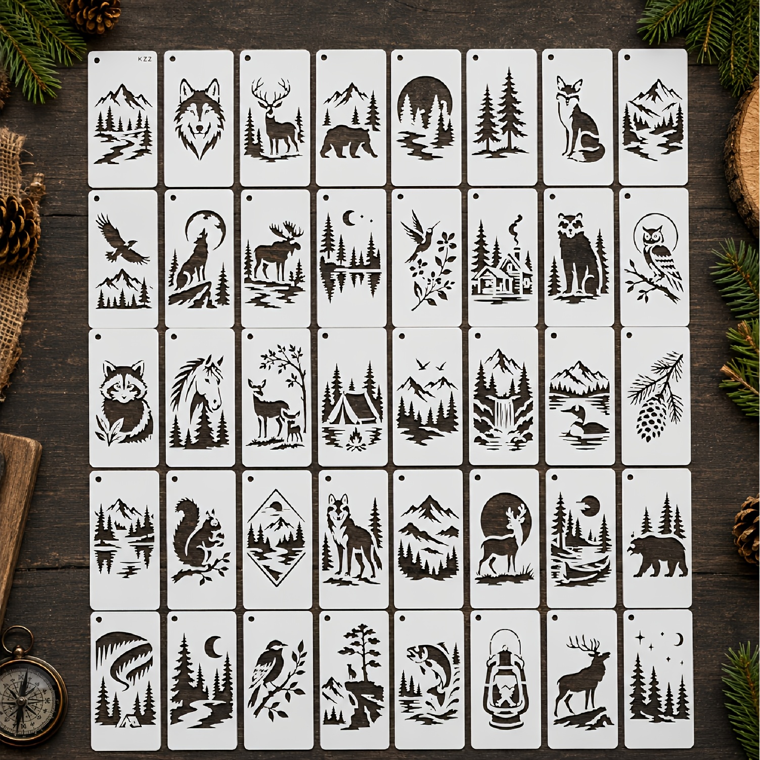 TEMU Lot de 40 pochoirs réutilisables KZZ d'animaux pour panneaux en bois, art mural, scrapbooking - Modèles ajourés avec d'ours, loup, cerf, renard,