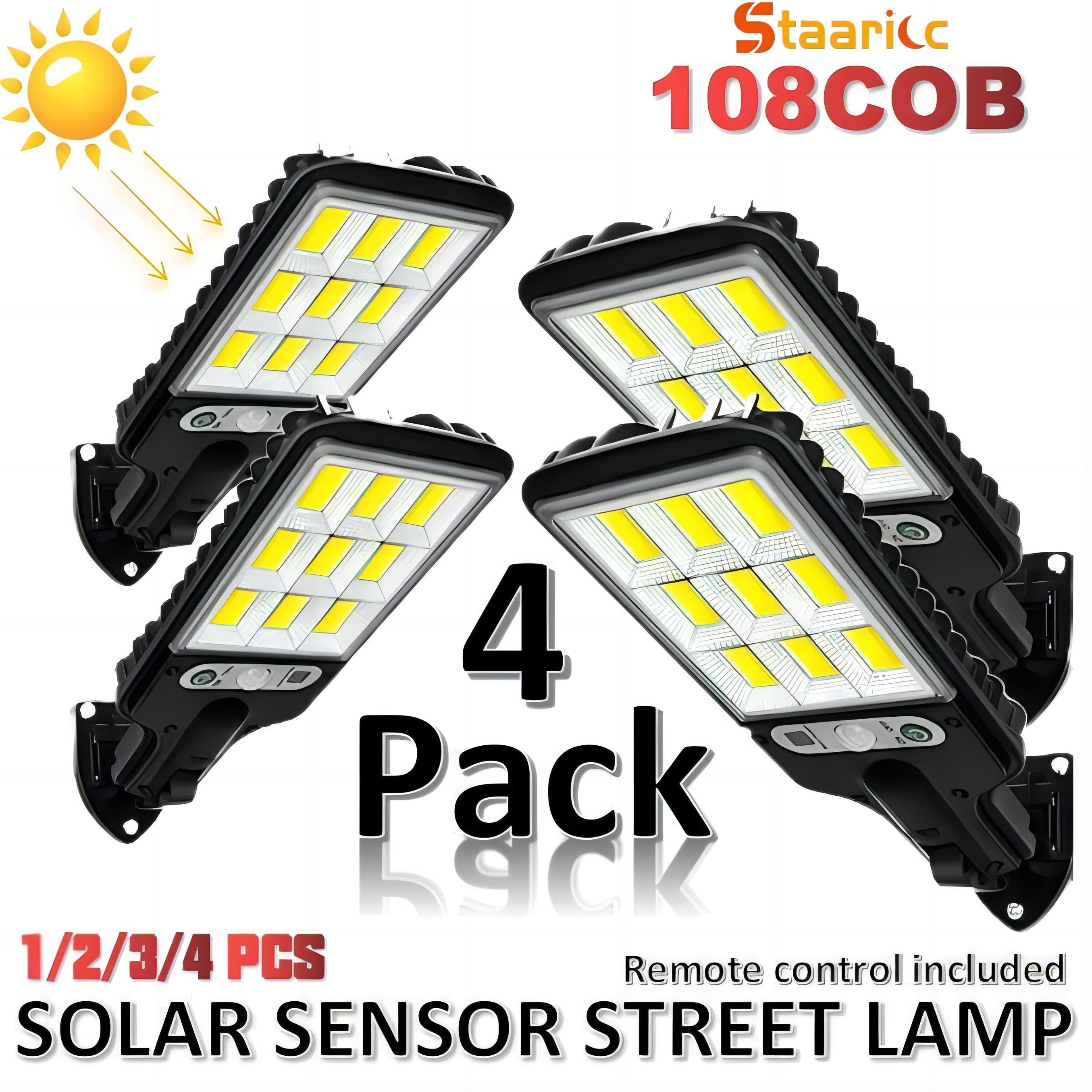 

Staaricc 4/3/2/1packs 108cob Solar Street Lamp, Outdoor Wall Light, 3 Lighting Modes With Motion Sensor, Solar Sensor Led Street Light For Garden Wall Patio Path Security Lighting