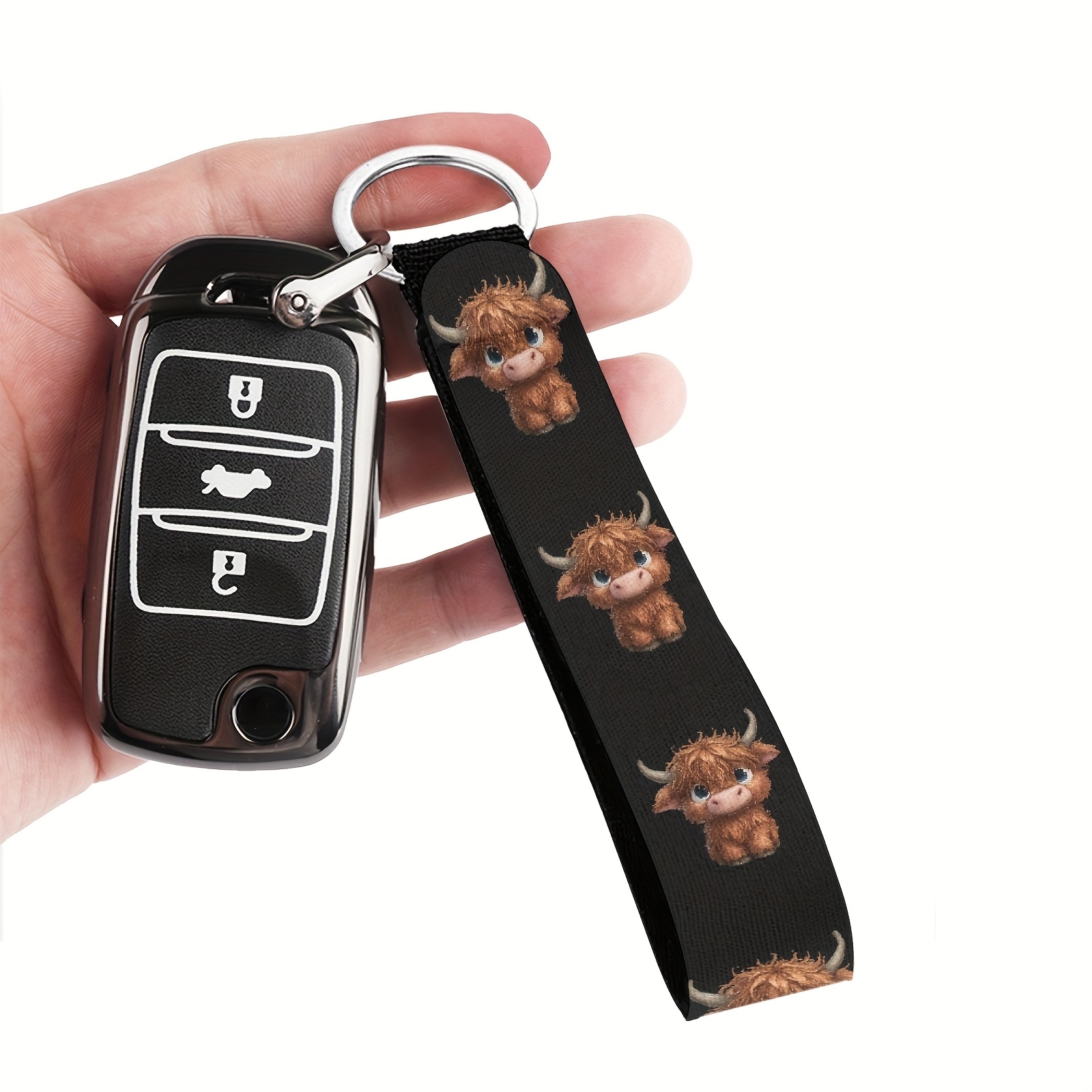 A Ladies' Highland Cow Keychain, Featuring A Vibrant Animal Design And A Highland Cow Print, Perfect As A Gift For Backpacks And Handbags, Made Of Durable