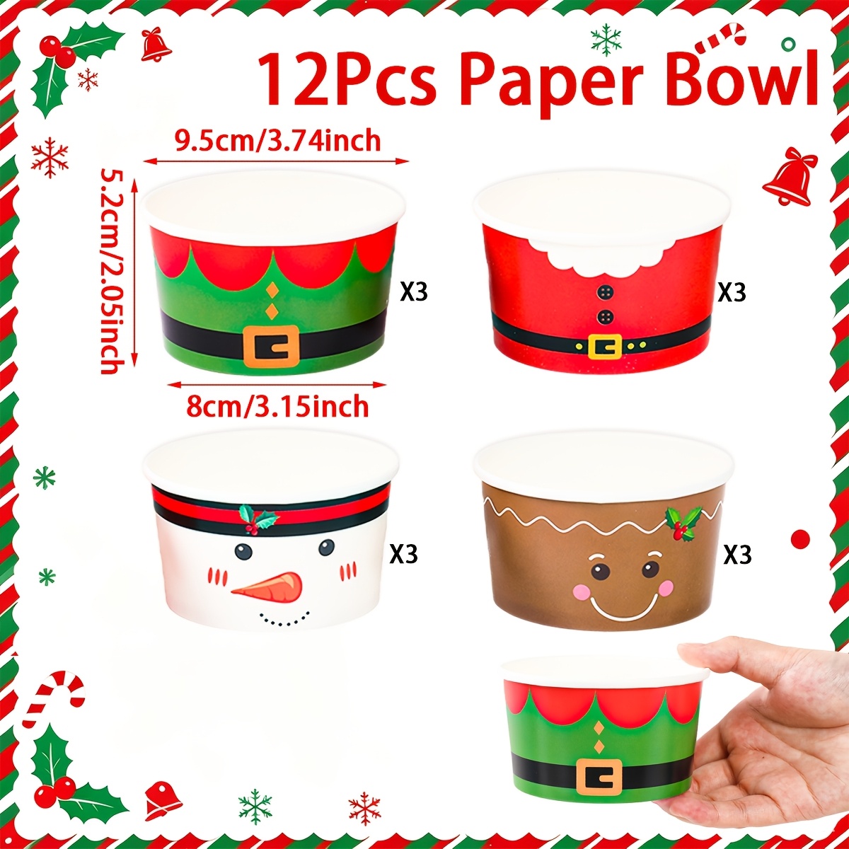 TEMU 12pcs, Bols à usage unique, Bols en papier de Noël, Bols à usage unique avec motif de Père Noël de dessin animé, de neige, Père Noël, Décoration