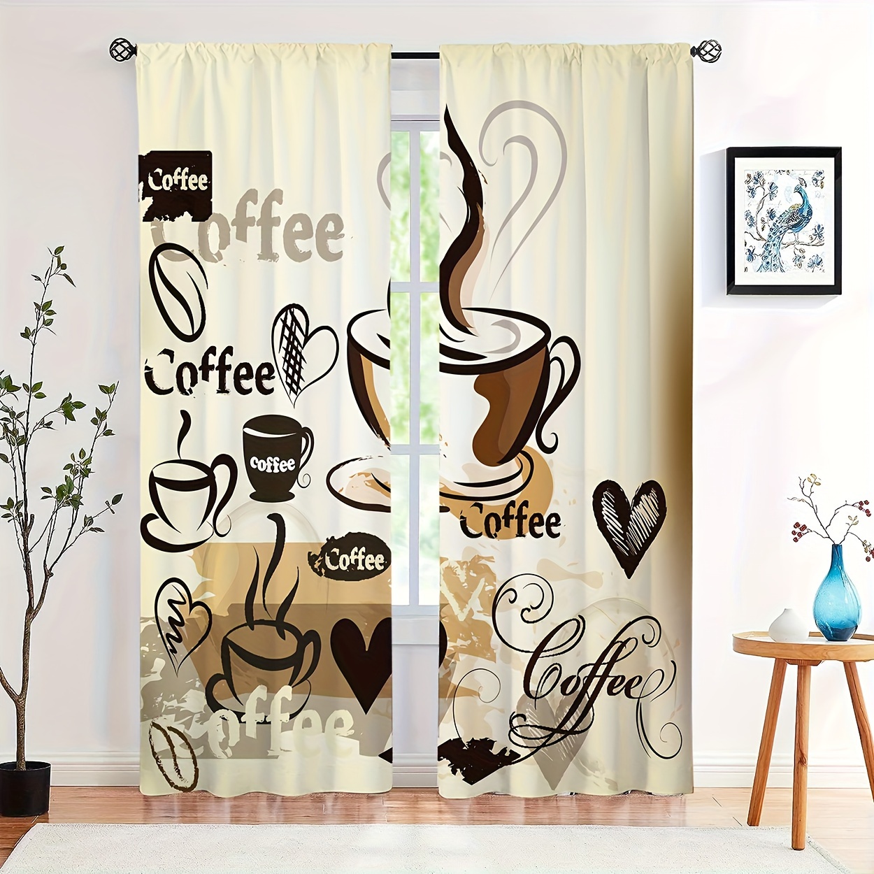 

2pcs Coffee Themed Curtains, Rod Pocket Decorative Window Drapes, Window Treatments For Bedroom Living Room, Home Decoration, Room Decoration