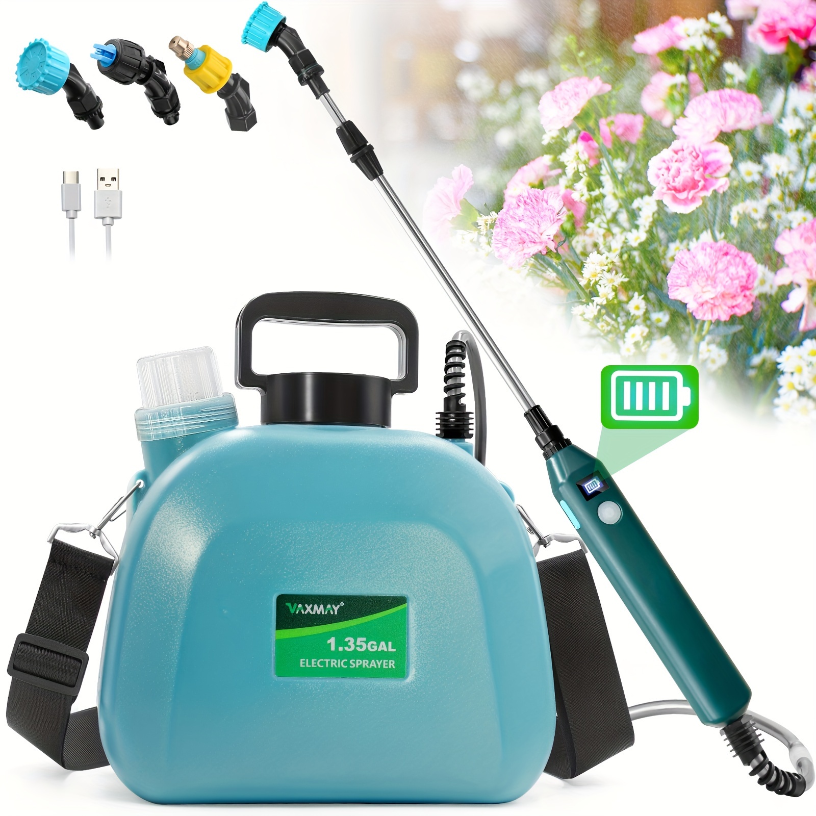 

Battery Powered Sprayer 1.35 Gallon, Electric Garden Sprayer With Battery Indicator, 3 Mist Nozzles, Usb Rechargeable Handle With 23.6" Retractable Wand Adjustable Shoulder Strap For Garden