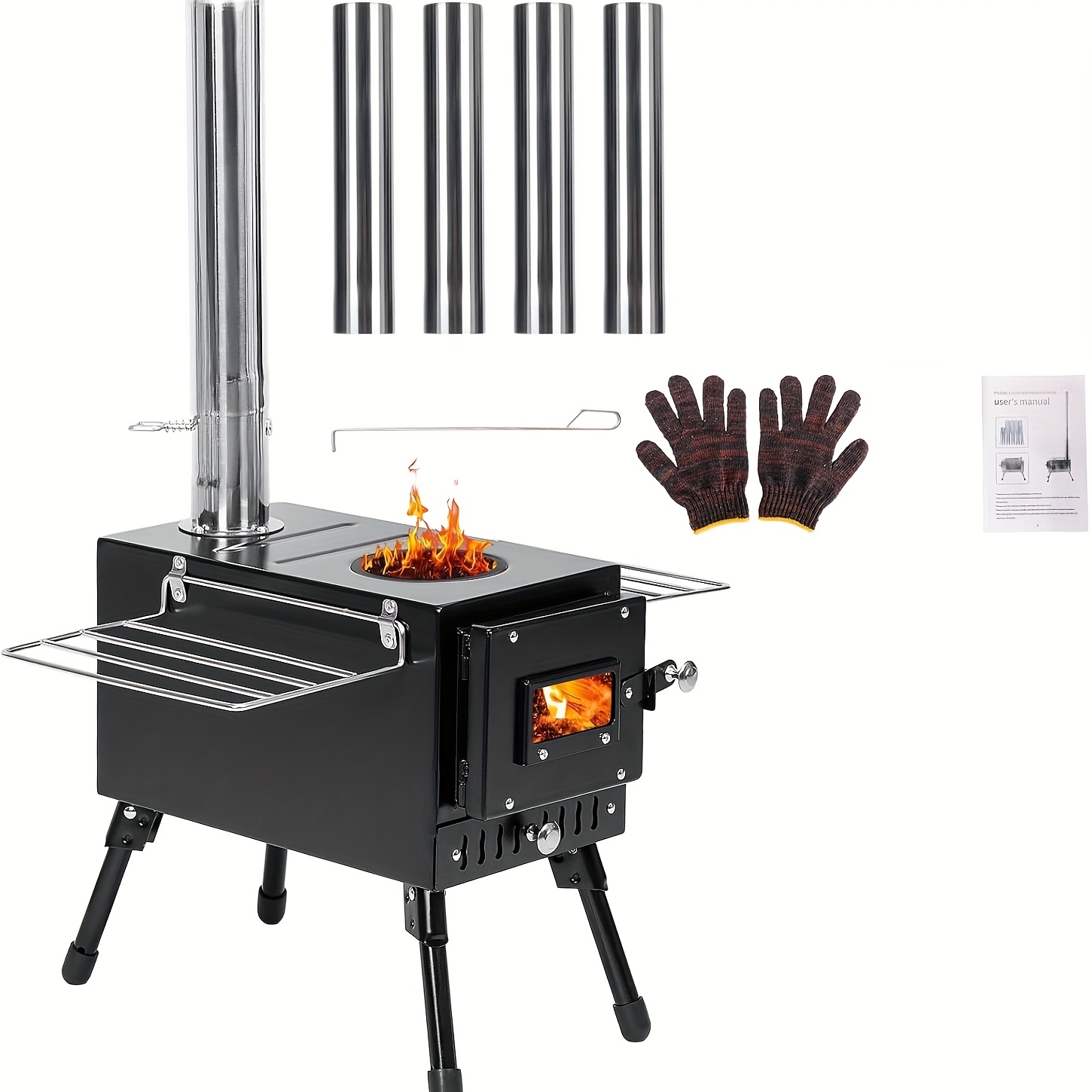 TEMU Outdoor Camping Stove Camp Tent Stove, Portable Wood Burning Stove With Chimney Pipe For Tent, Shelter, Camping Heating And Cooking
