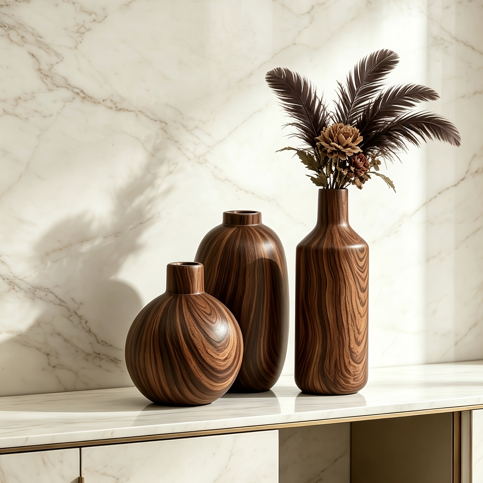 3pcs Wood Grain/Stone Texture Ceramic Vase Set Wabi-Sabi Decorative Flower Pot Ornament Japanese Rustic Style Desktop Home Resident B&B Soft Decoration Dried Flower Arrangement Floral Art All-Match Premium
