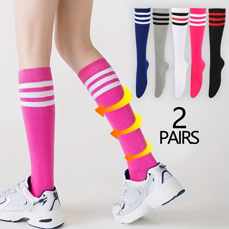 

2 Pairs Striped Calf Socks, College Style Party Knee High Socks, Women's Stockings & Hosiery