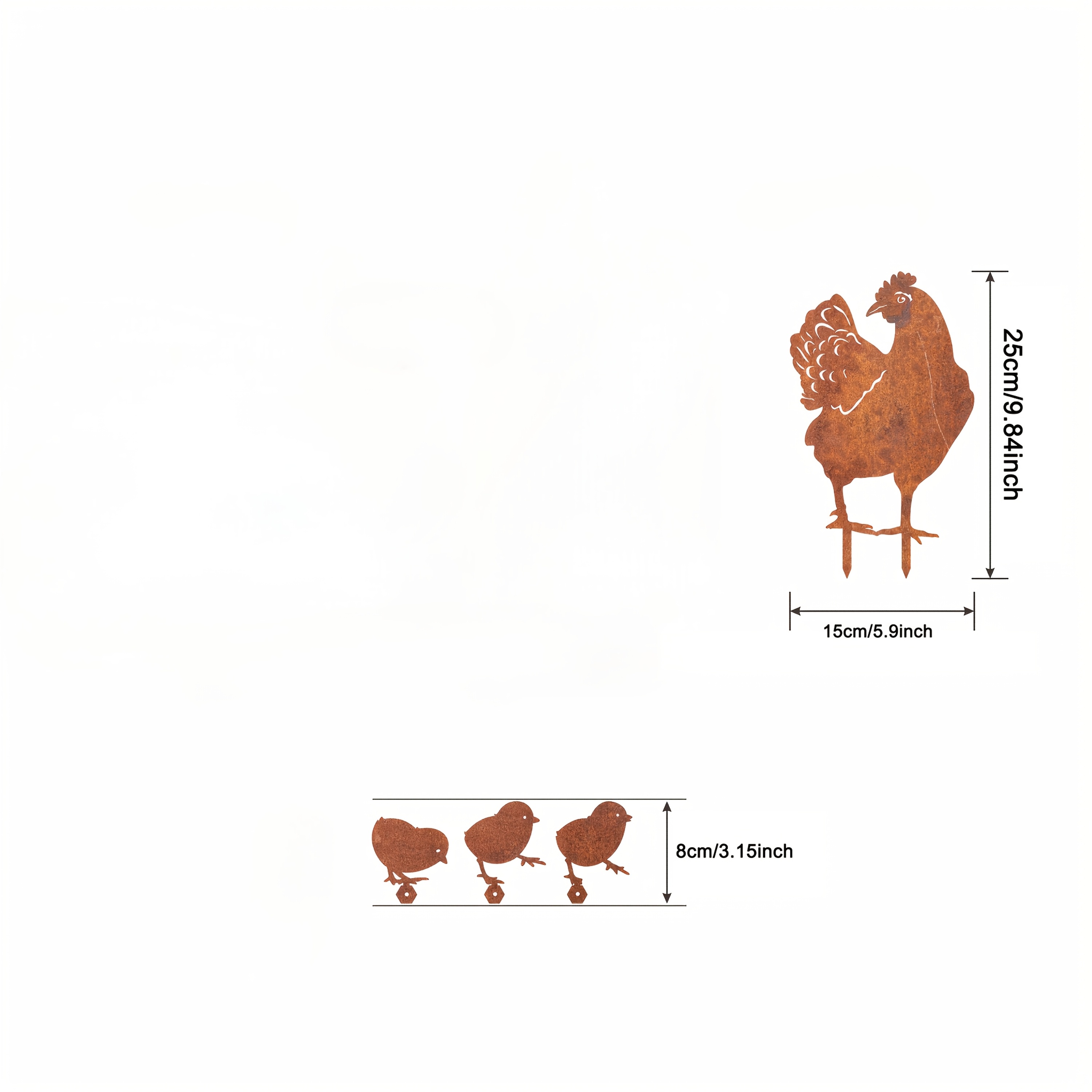 TEMU Plat 2D, [Plat 2D] Lot de 4 poules en métal rouillé, piquets de jardin pour décoration, piquets de cour pour décoration.
