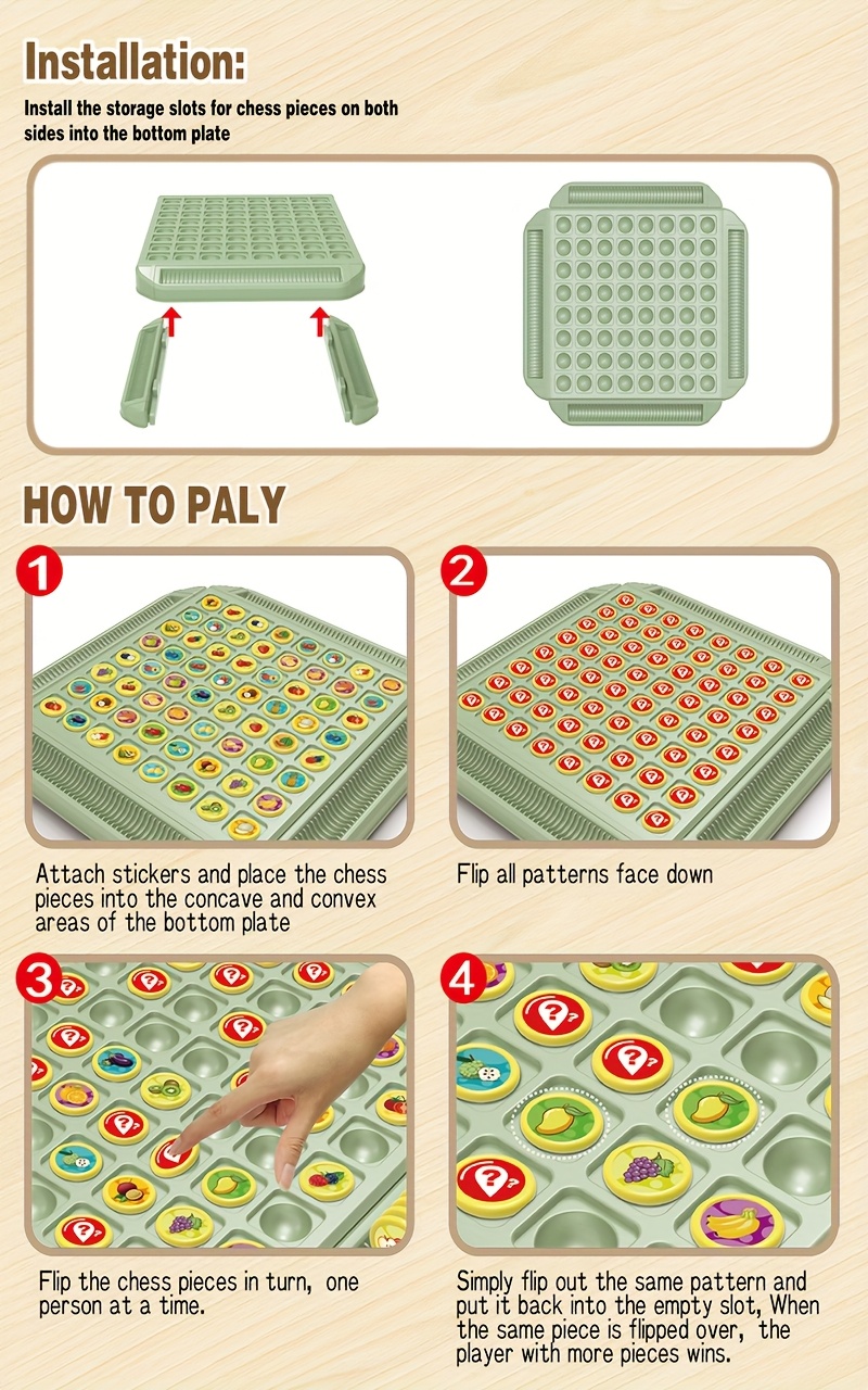 儿童玩具益智水果翻转记忆棋盘游戏,创意记忆棋对战玩法 锻炼手眼协调 记忆力 专注力,优质材质制成,适合2-4人玩耍,适合家庭之夜 聚会 旅游出行玩耍,适合生日 万圣节 圣诞节礼物 商品详情 2