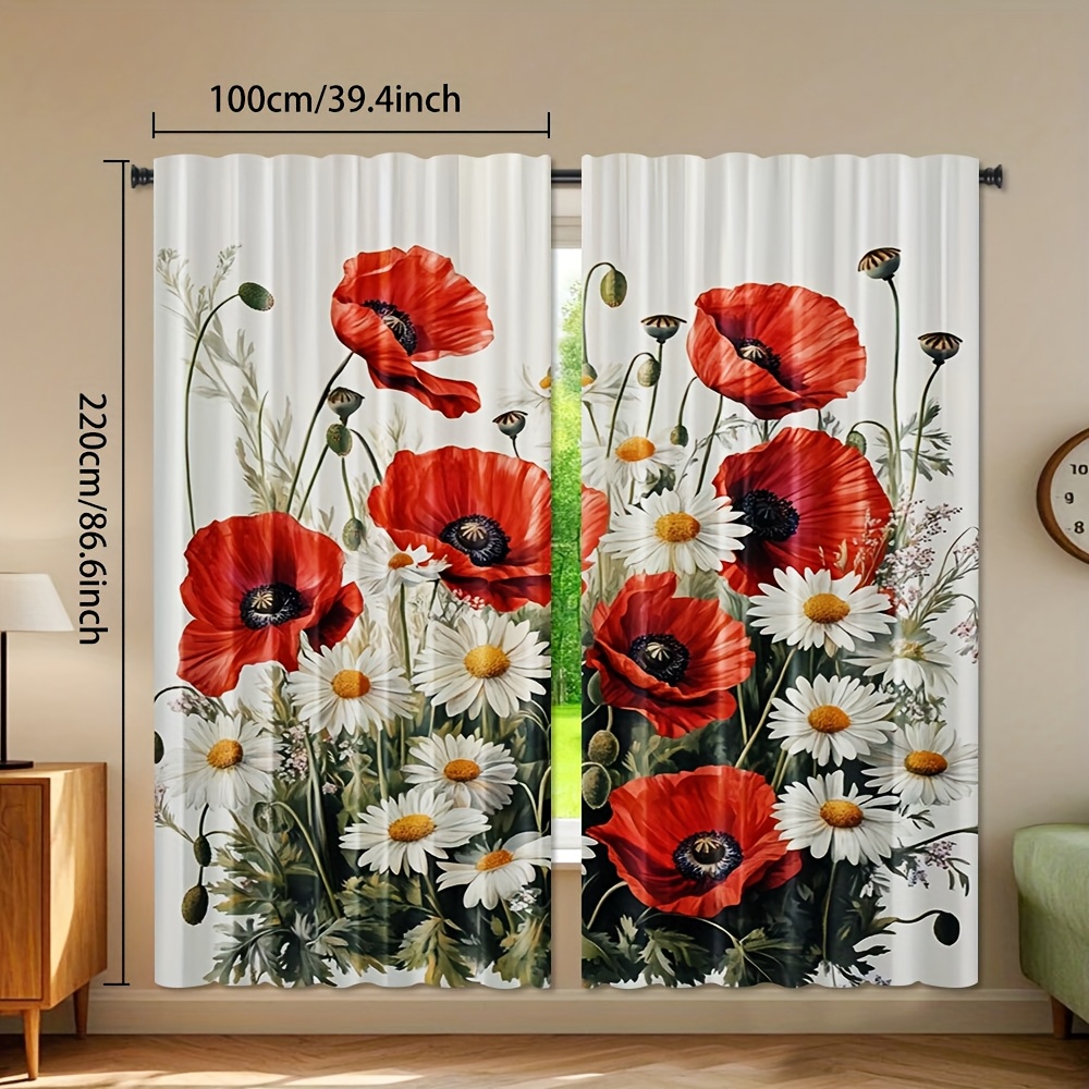 TEMU 2pcs Elegant Red Poppy & Daisy Print Curtains - High-definition , Light Filtering Polyester Drapes With Rod For Bedroom, Living Room, Office