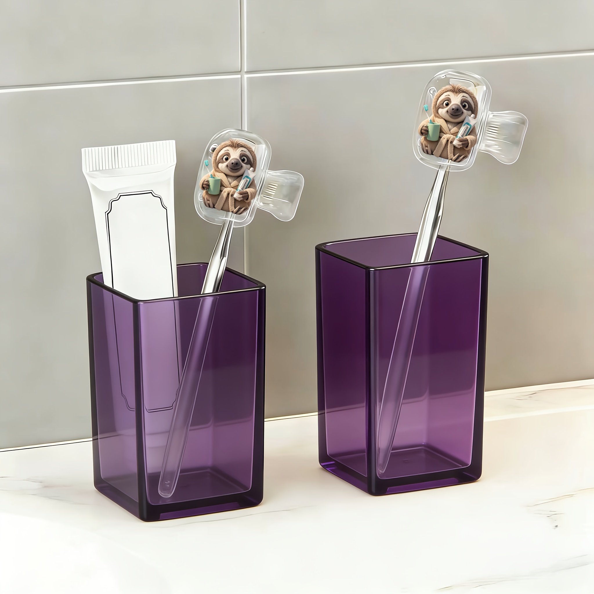 Image of 2pcs Portable Dustproof Odorless Cute Sloth Wearing Bathrobe With Tooth Cup Pattern Toothbrush Case - Suitable For Sizes Travel Set, With Ventilation Holes To Head , Ideal For Home And Travel Use