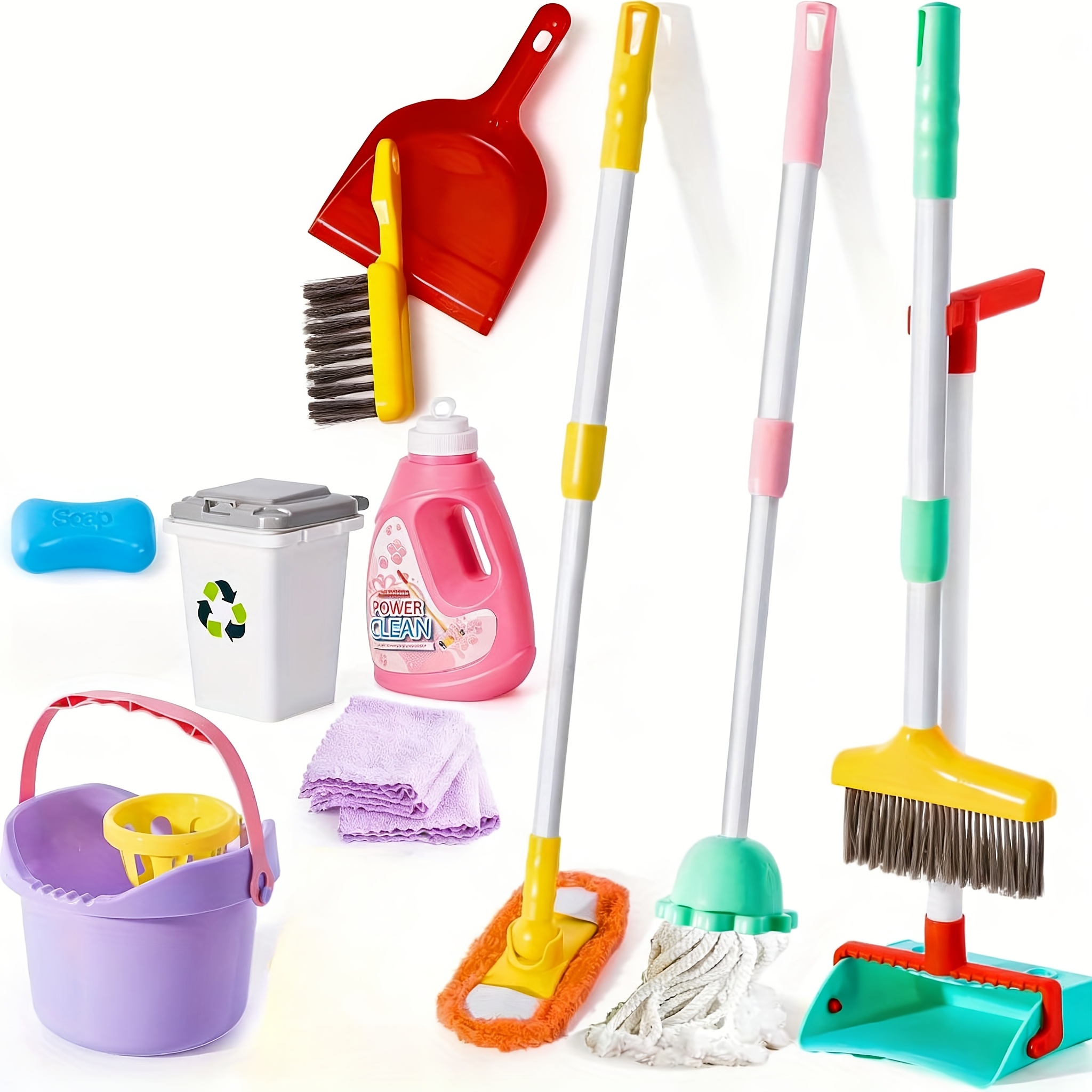 Juego de Juguetes de Limpieza para Niños, Juego de Escoba y Recogedor Ajustable para Niños, Juguetes de Herramientas de Limpieza para la Casa, Juego de Aprendizaje de Ficción para Niñas y Niños de 3-5 Años, Juguete de Limpieza, Color Aleatorio